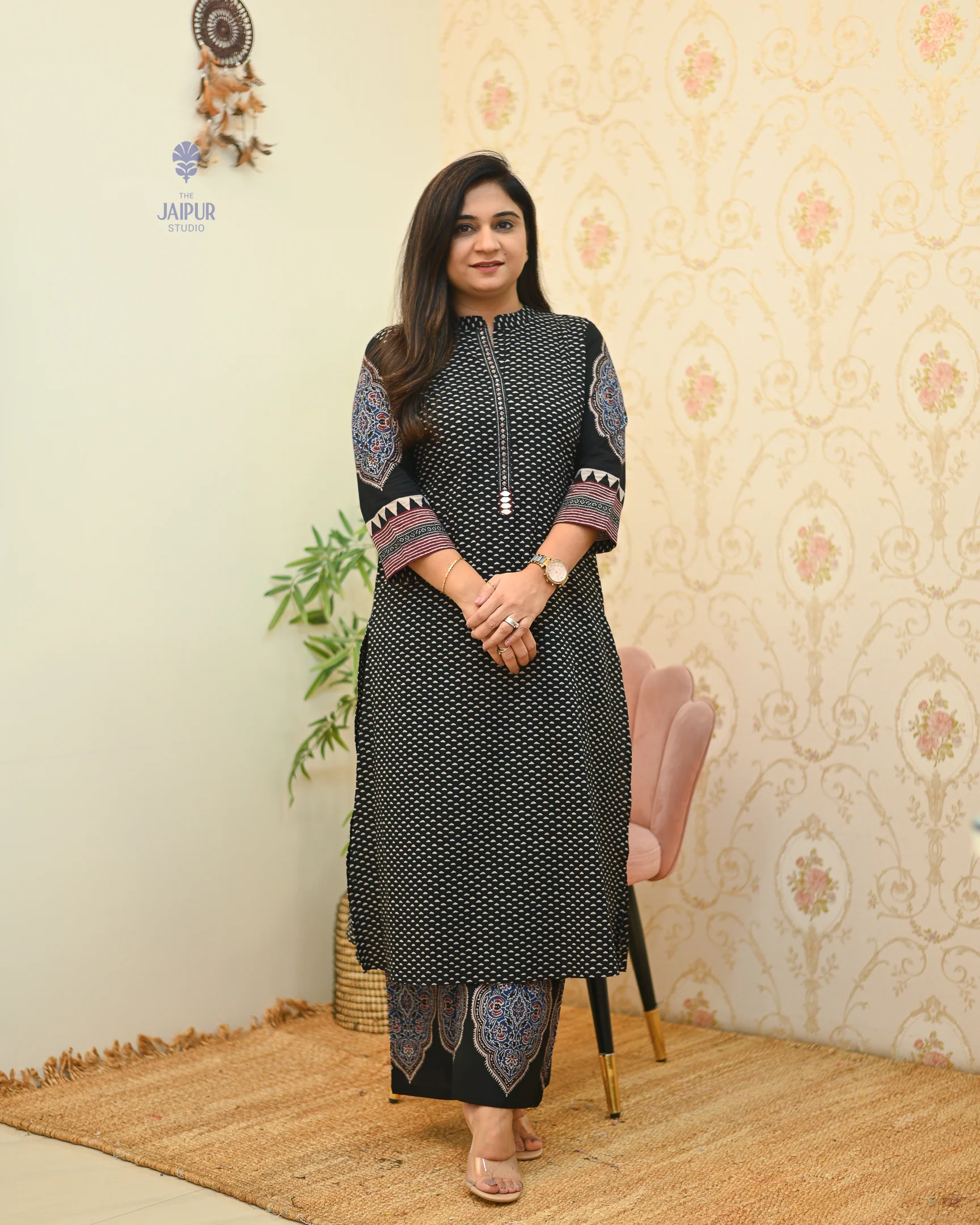 Black Handblock Embroidered Coord Set - Image 5