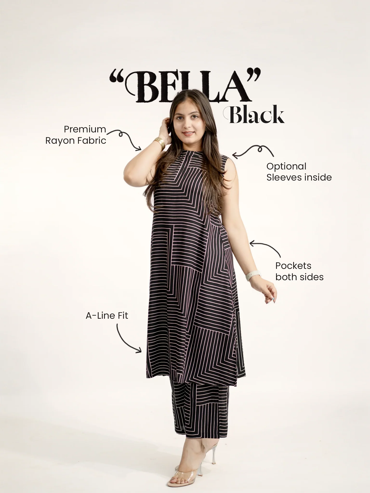Black Rayon Strips Print A-line Coord Set