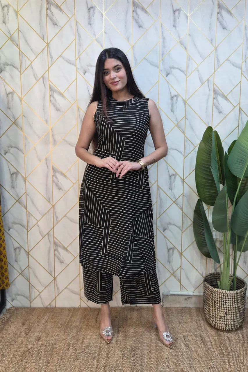 Black Rayon Strips Print A-line Coord Set - Image 6
