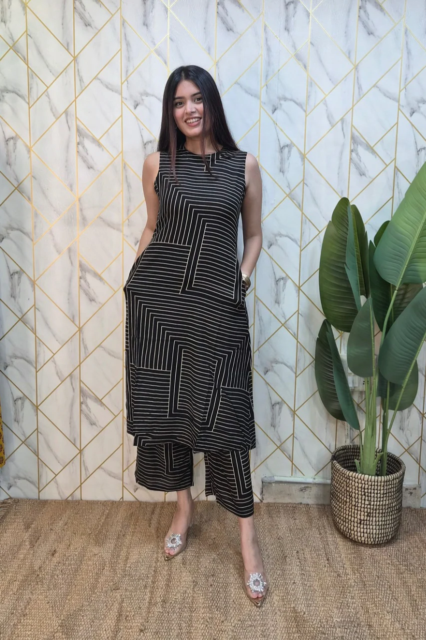 Black Rayon Strips Print A-line Coord Set - Image 7