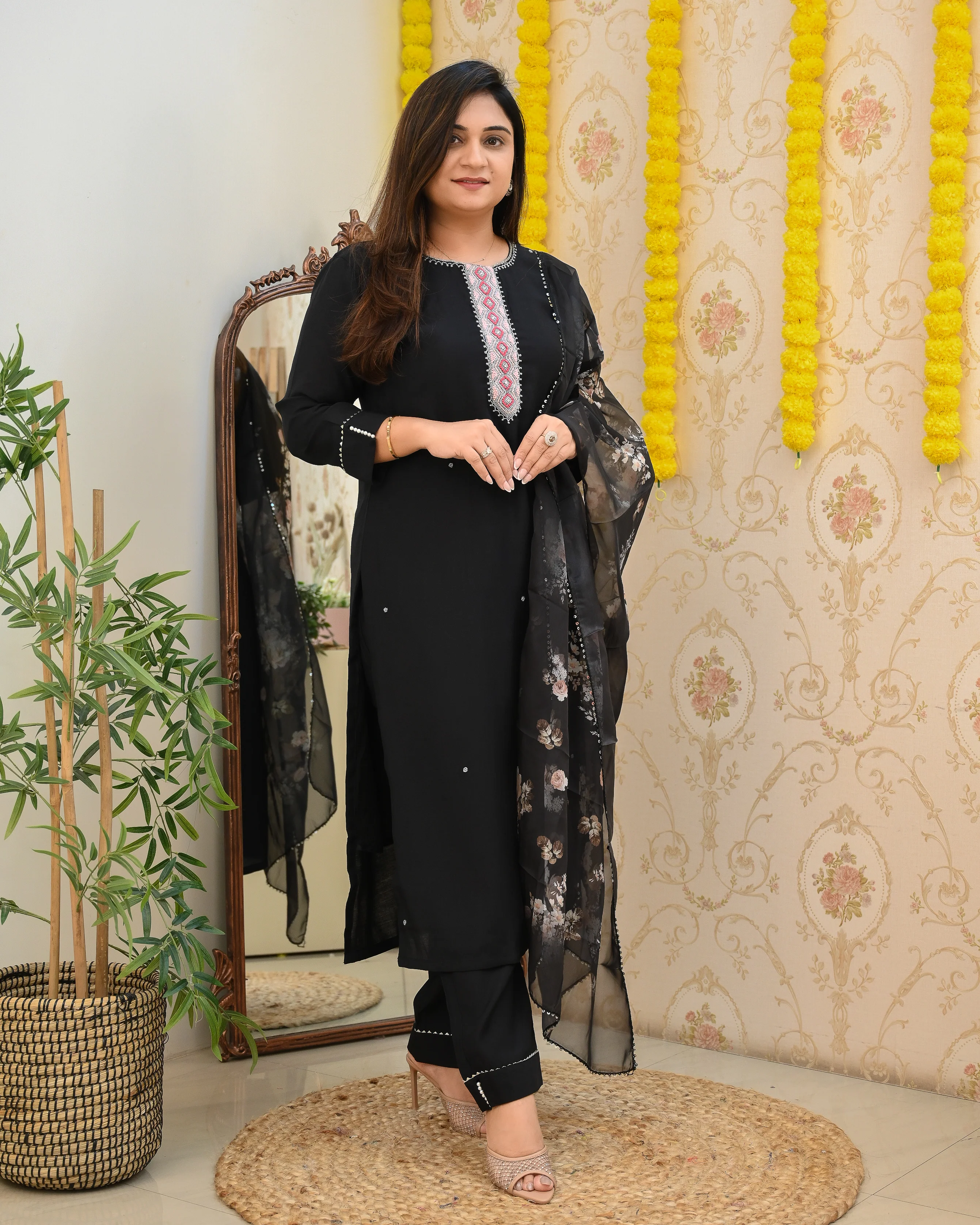 Black Silk HandEmbroidered Floral Pant Set - Image 3