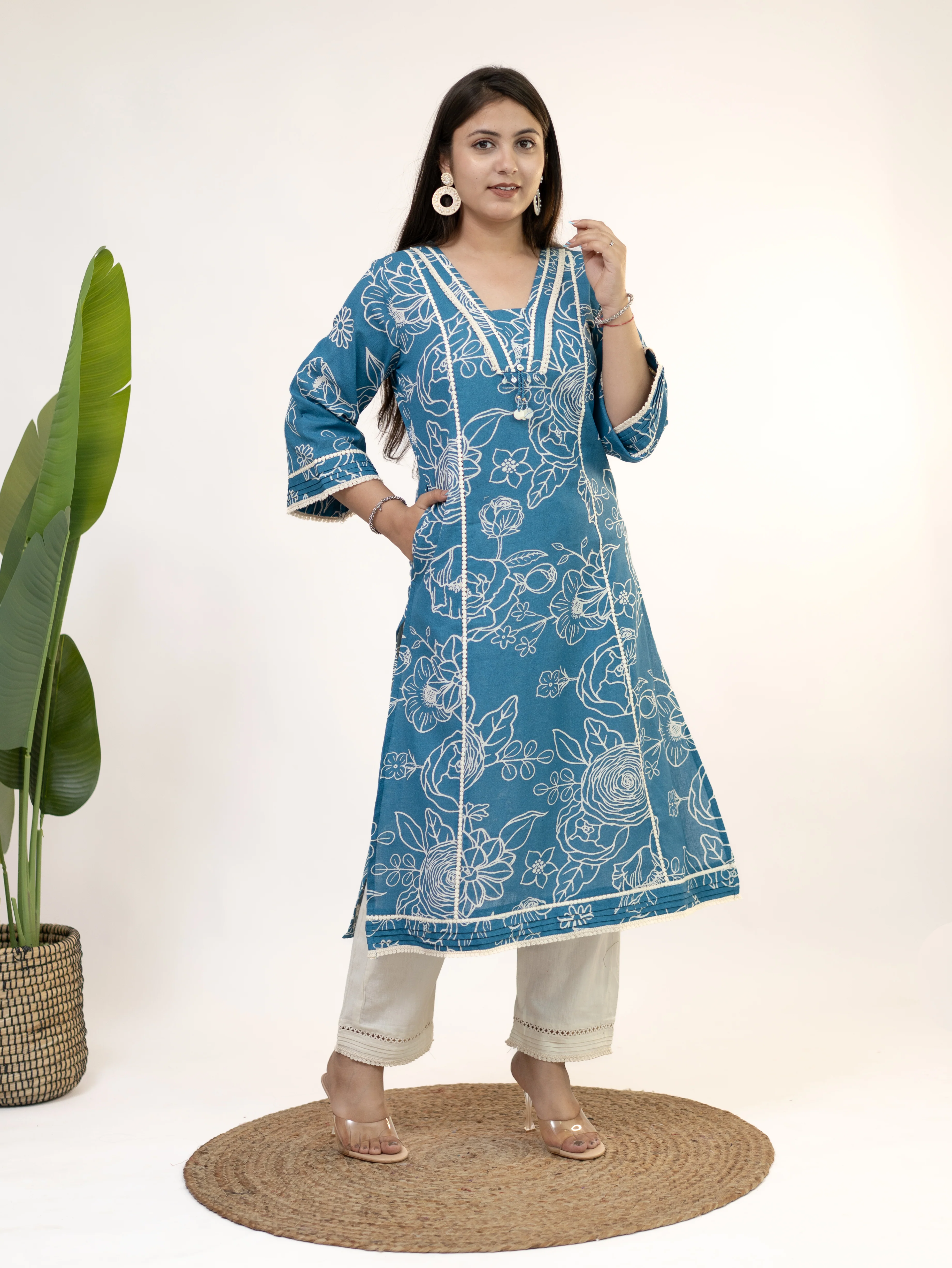 Inayat Blue Cotton Lace Deatialed A-line Kurta Set - Image 4