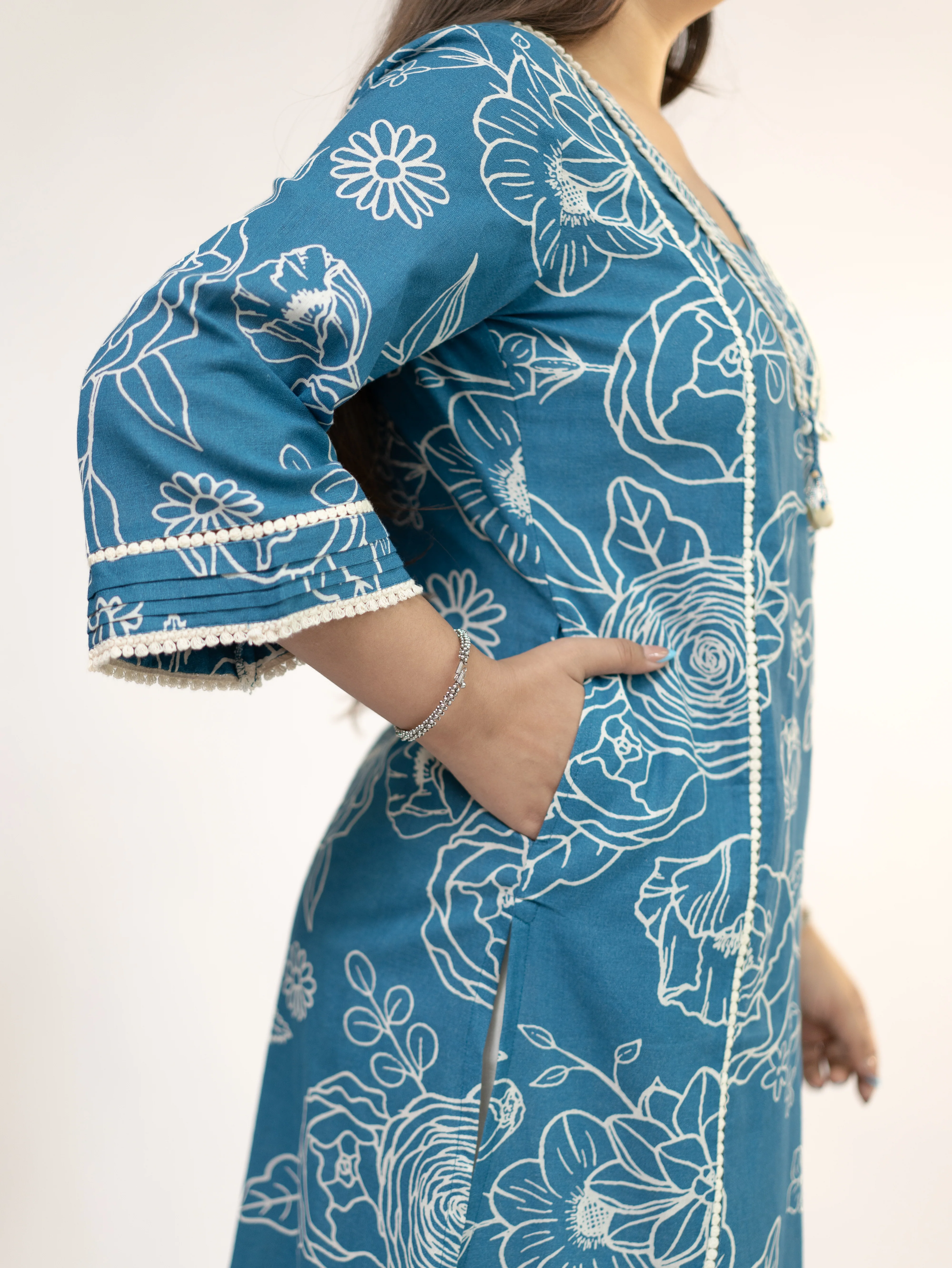 Inayat Blue Cotton Lace Deatialed A-line Kurta Set - Image 8