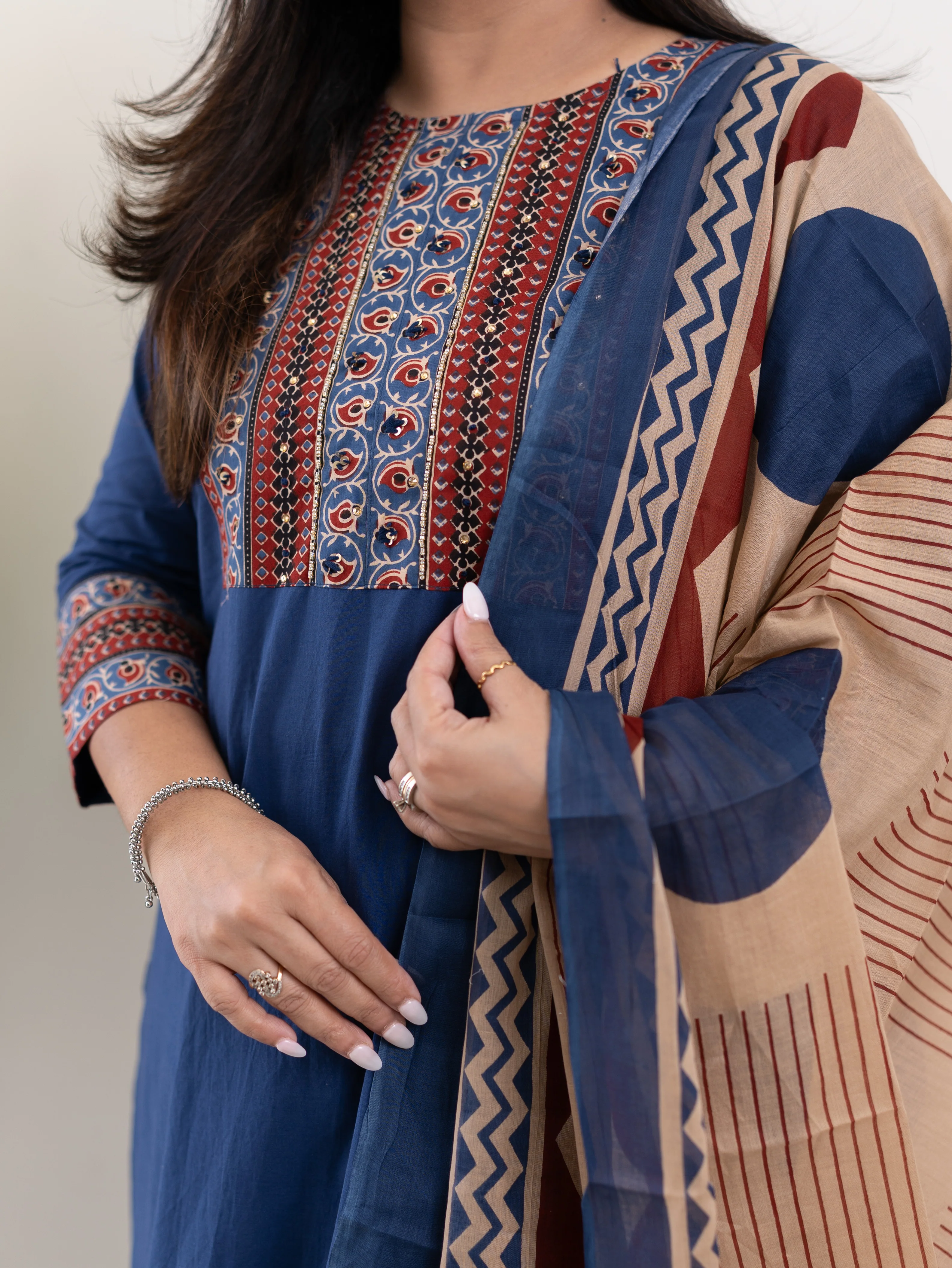 Prita Blue Cotton Embroidered Straight Dupatta Set - Image 10