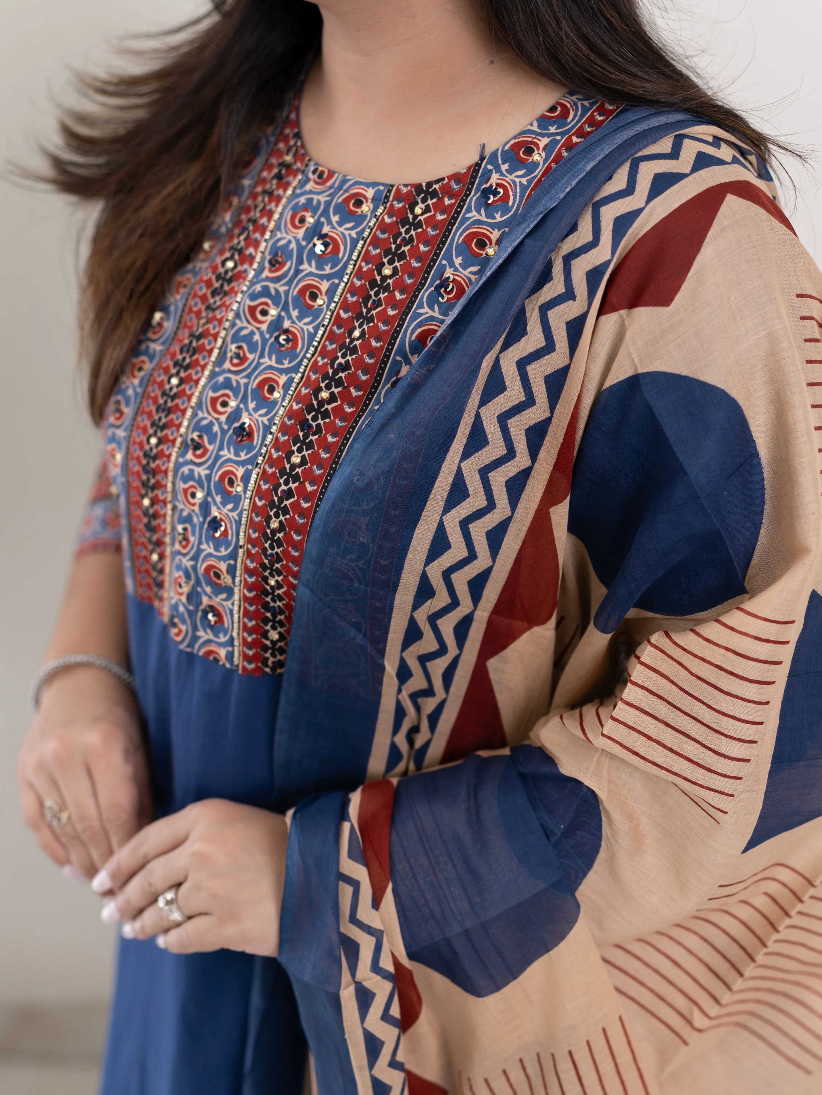 Prita Blue Cotton Embroidered Straight Dupatta Set - Image 11