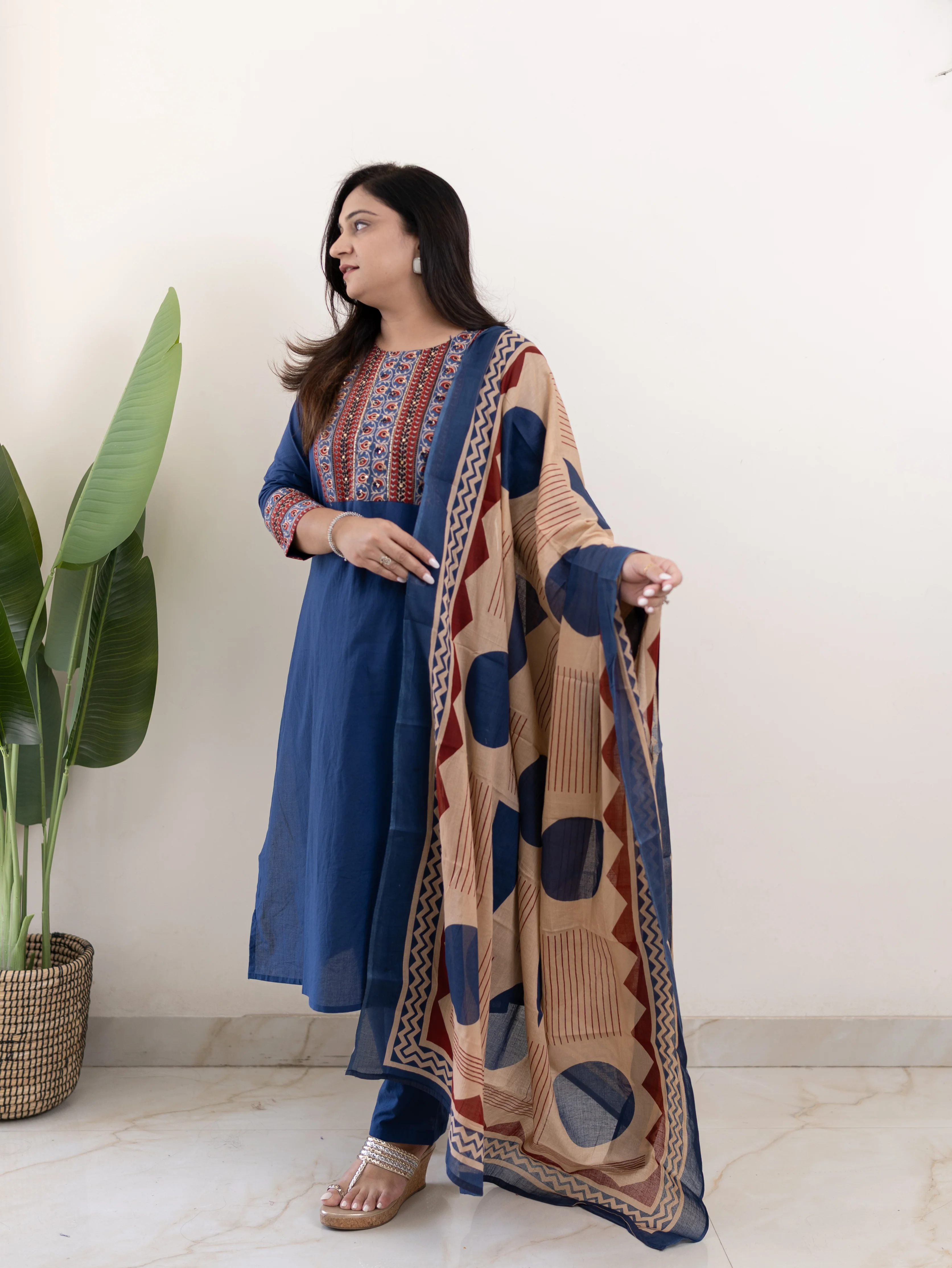 Prita Blue Cotton Embroidered Straight Dupatta Set - Image 3