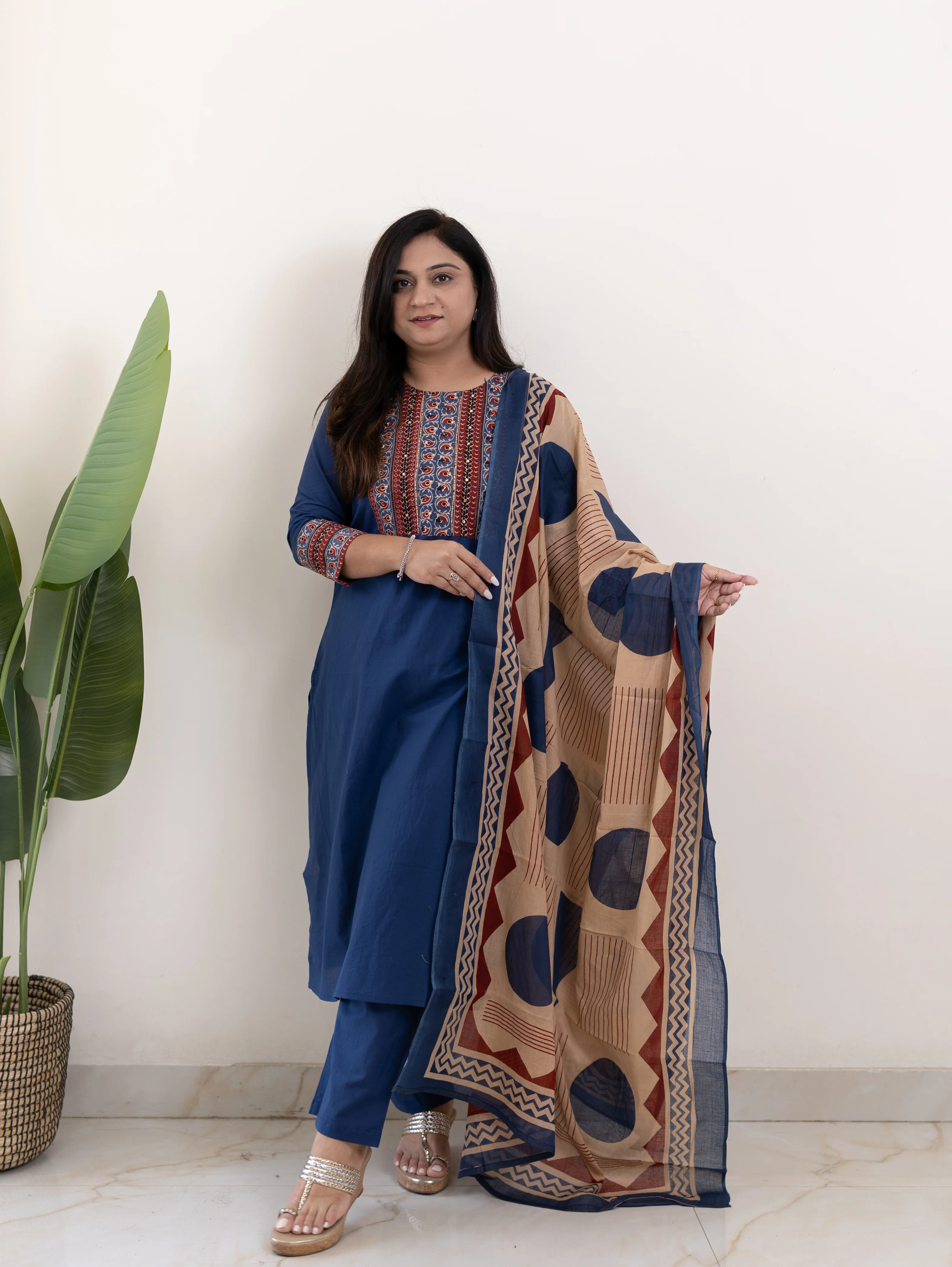 Prita Blue Cotton Embroidered Straight Dupatta Set - Image 5