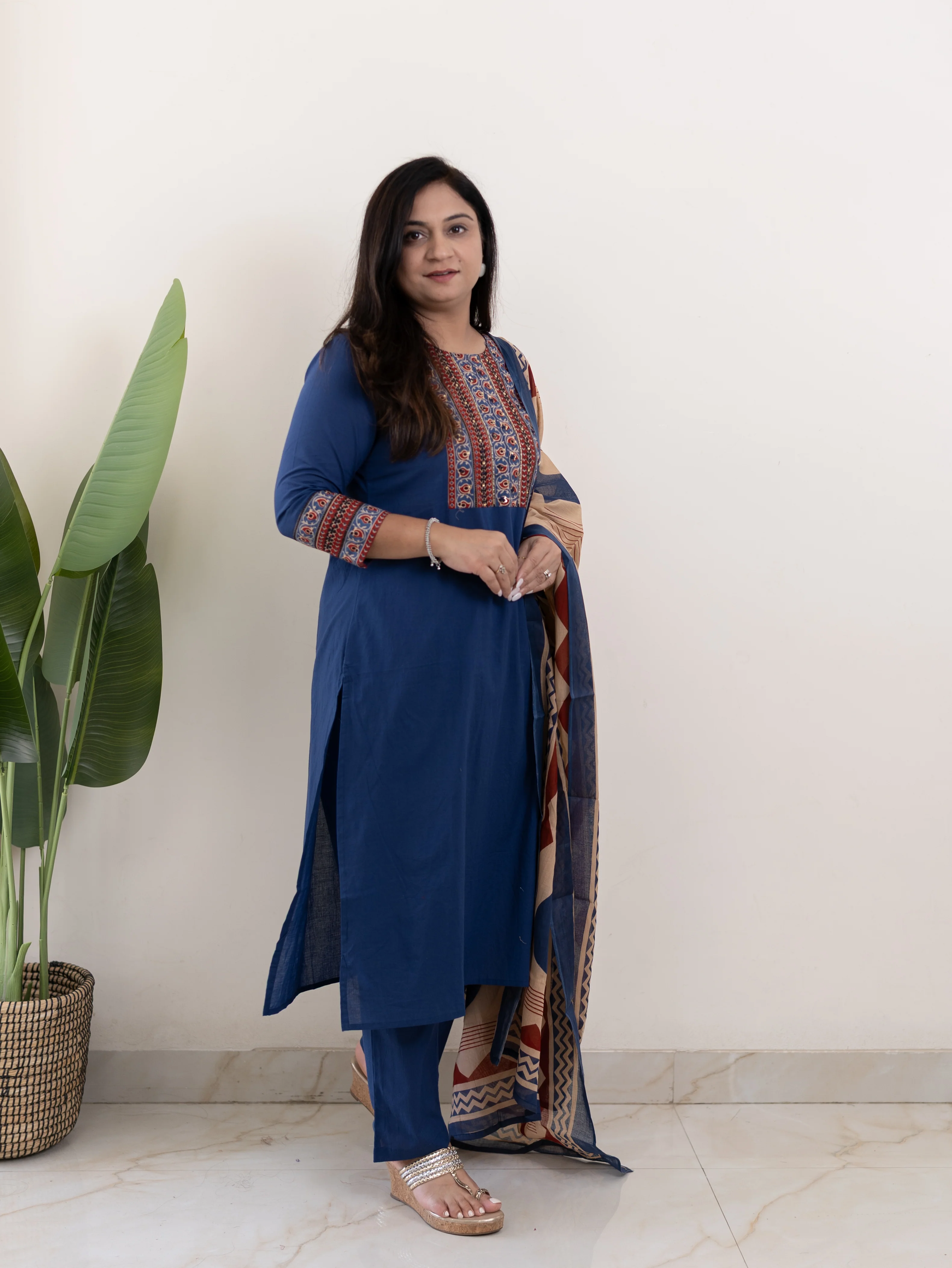 Prita Blue Cotton Embroidered Straight Dupatta Set - Image 6