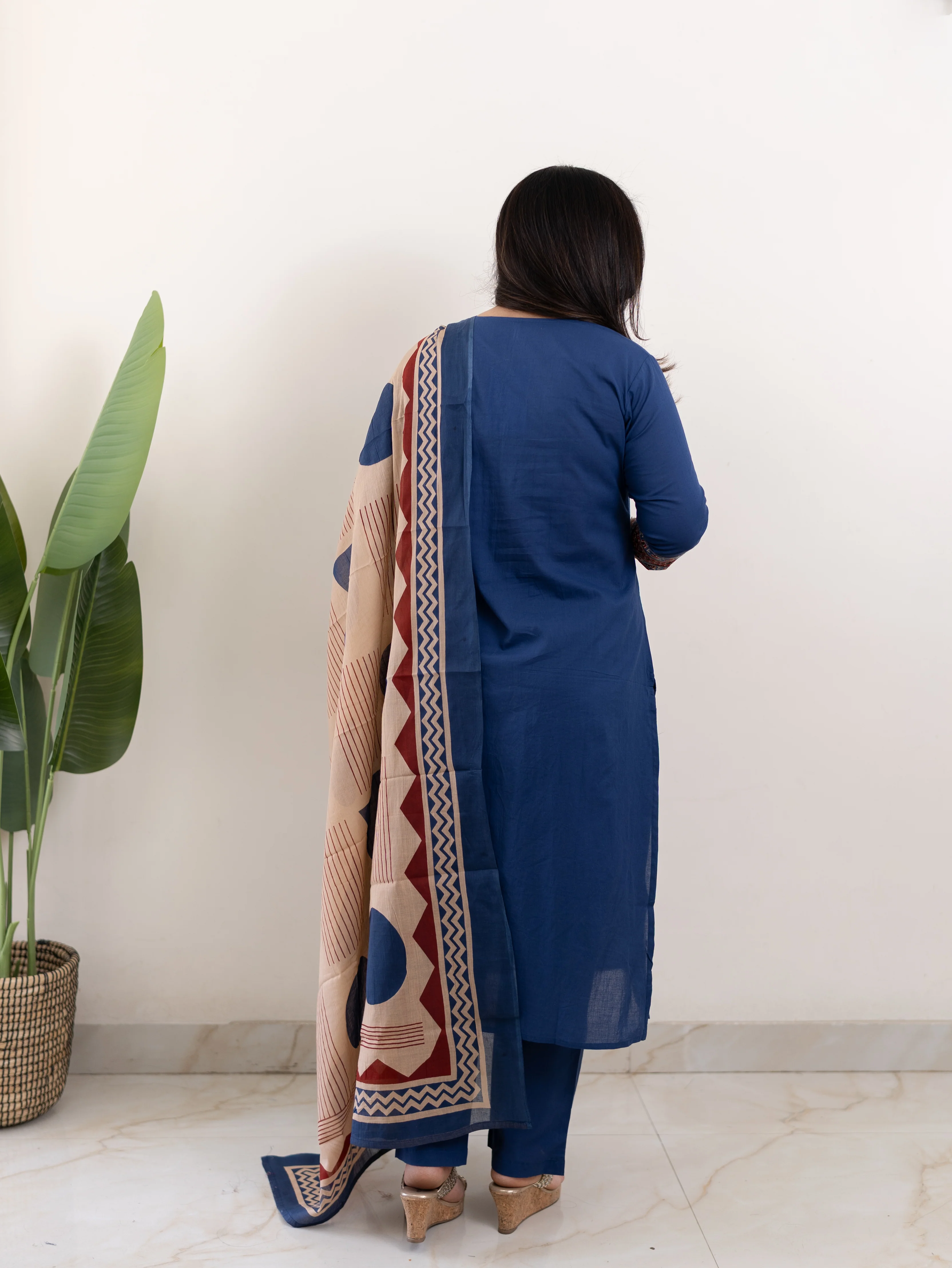 Prita Blue Cotton Embroidered Straight Dupatta Set - Image 7