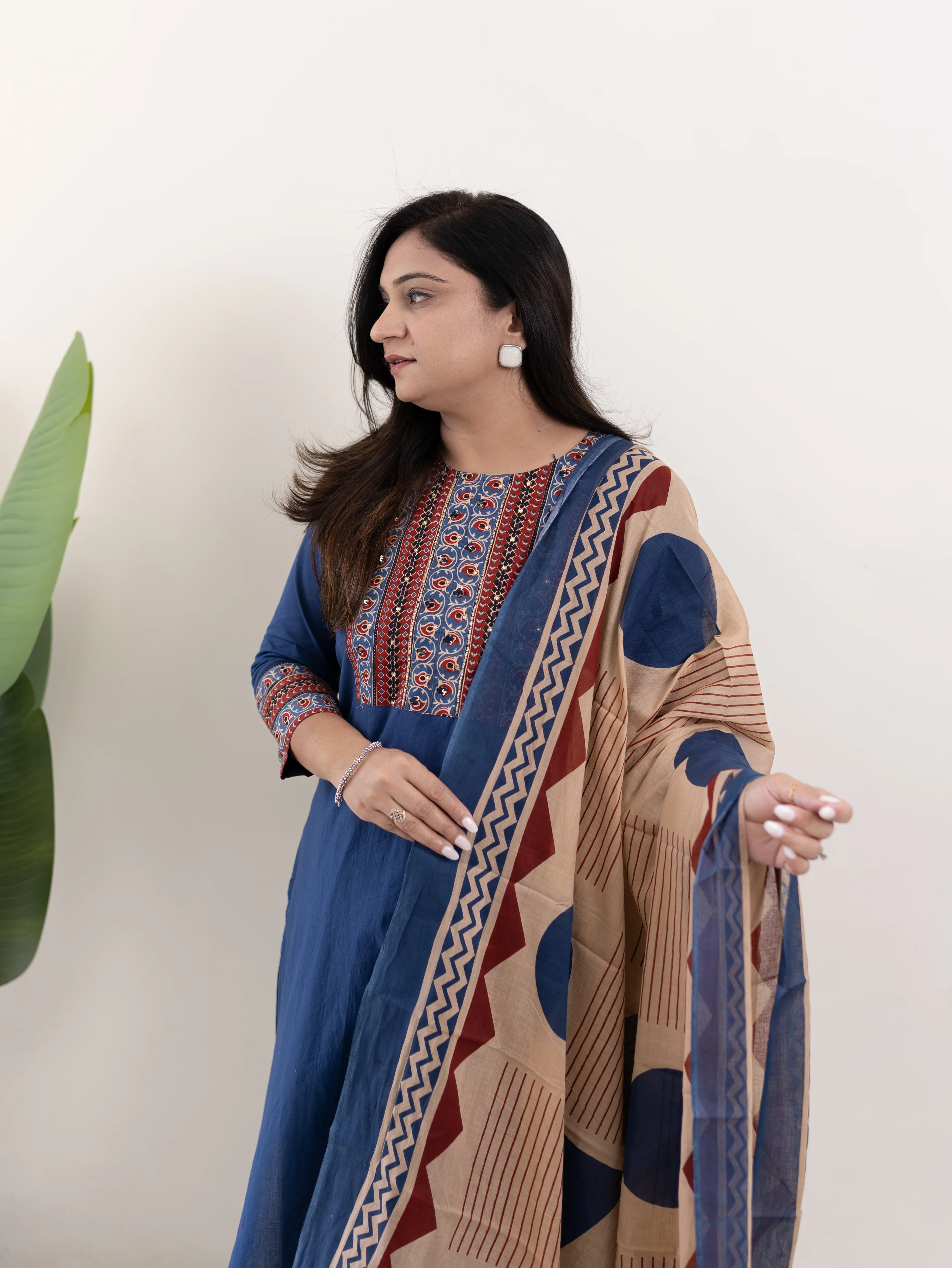 Prita Blue Cotton Embroidered Straight Dupatta Set - Image 8