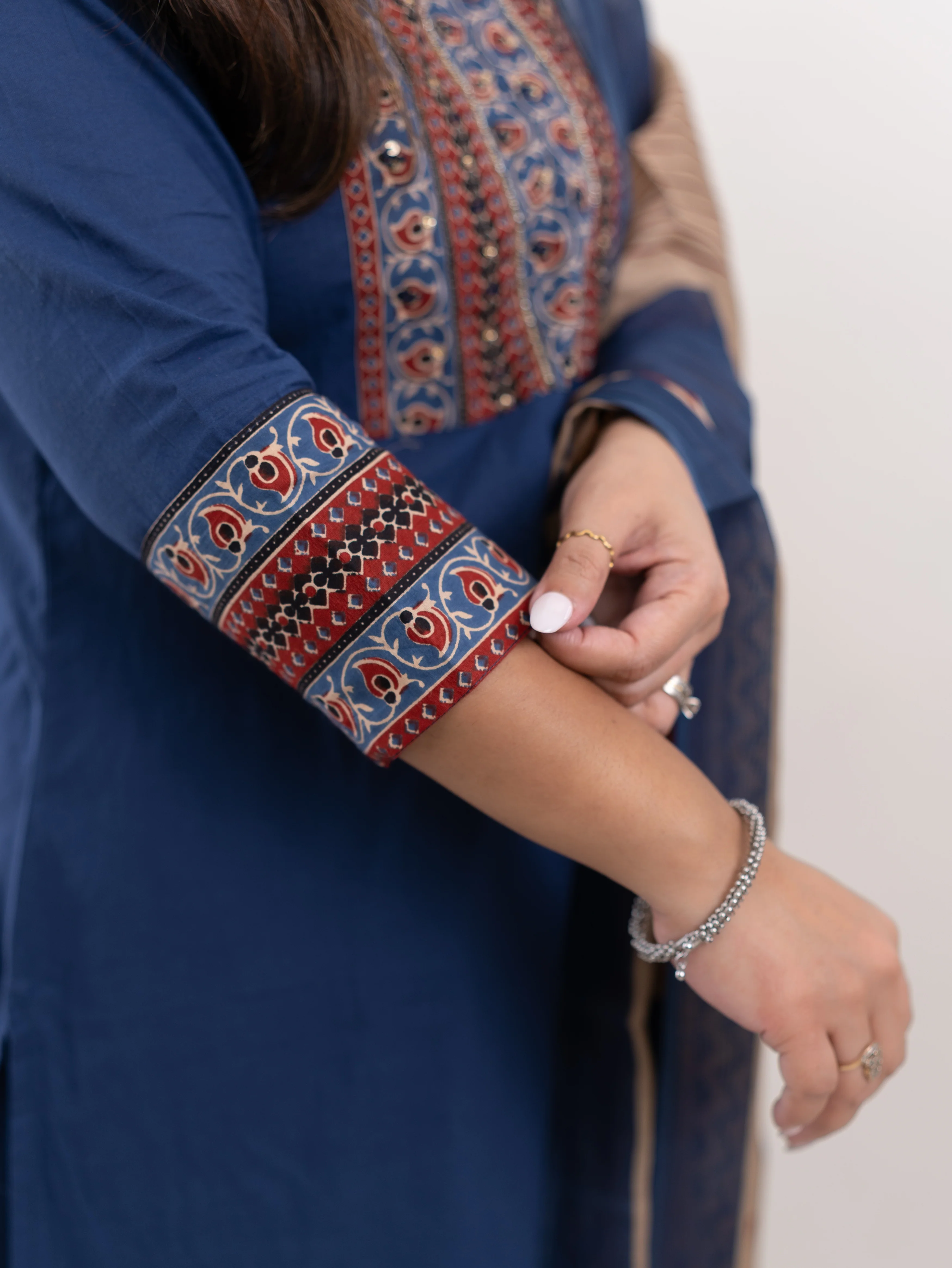 Prita Blue Cotton Embroidered Straight Dupatta Set - Image 9