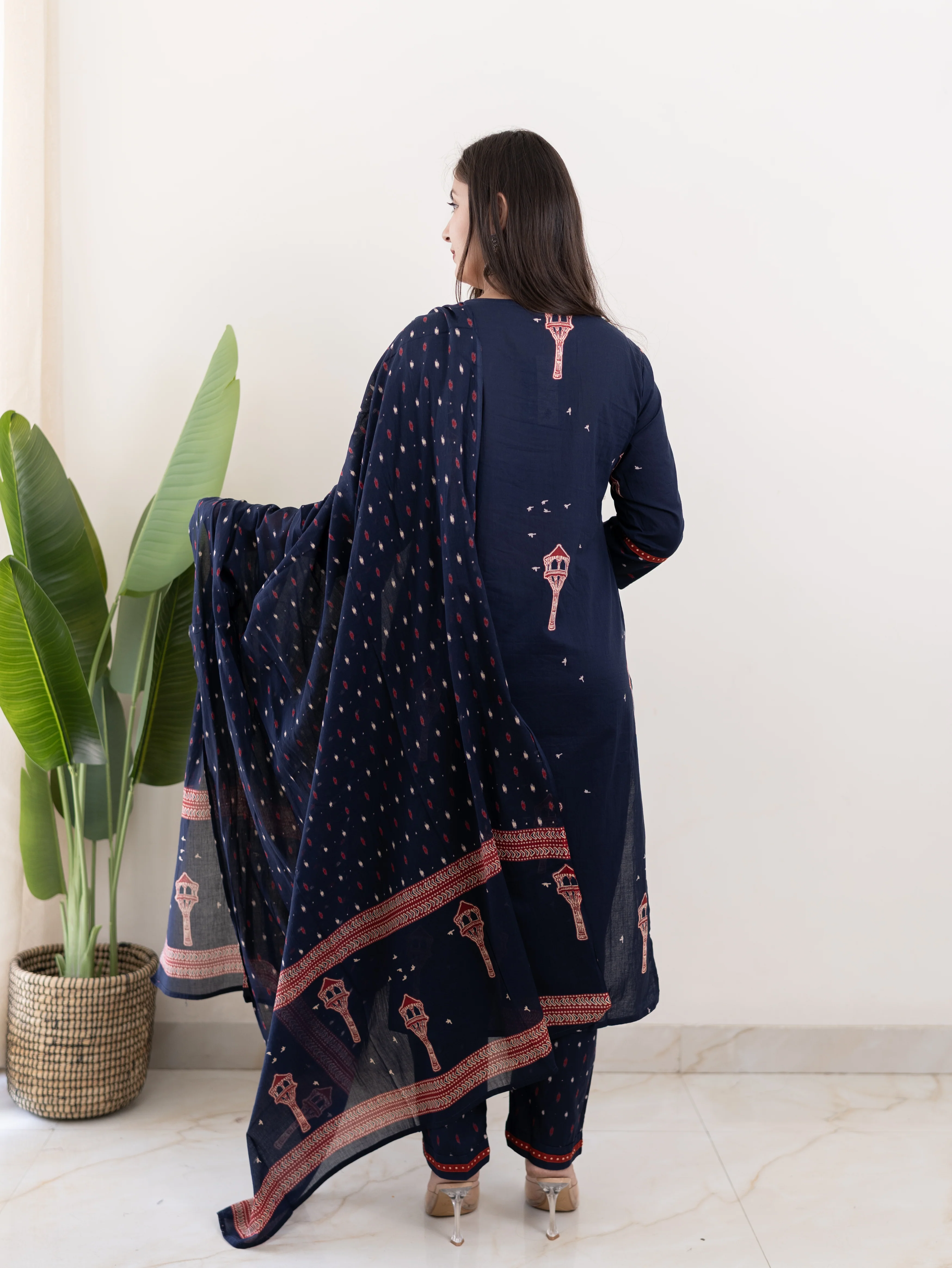 Blue Jaipuri Cotton Embroidered Dupatta Set - Image 3