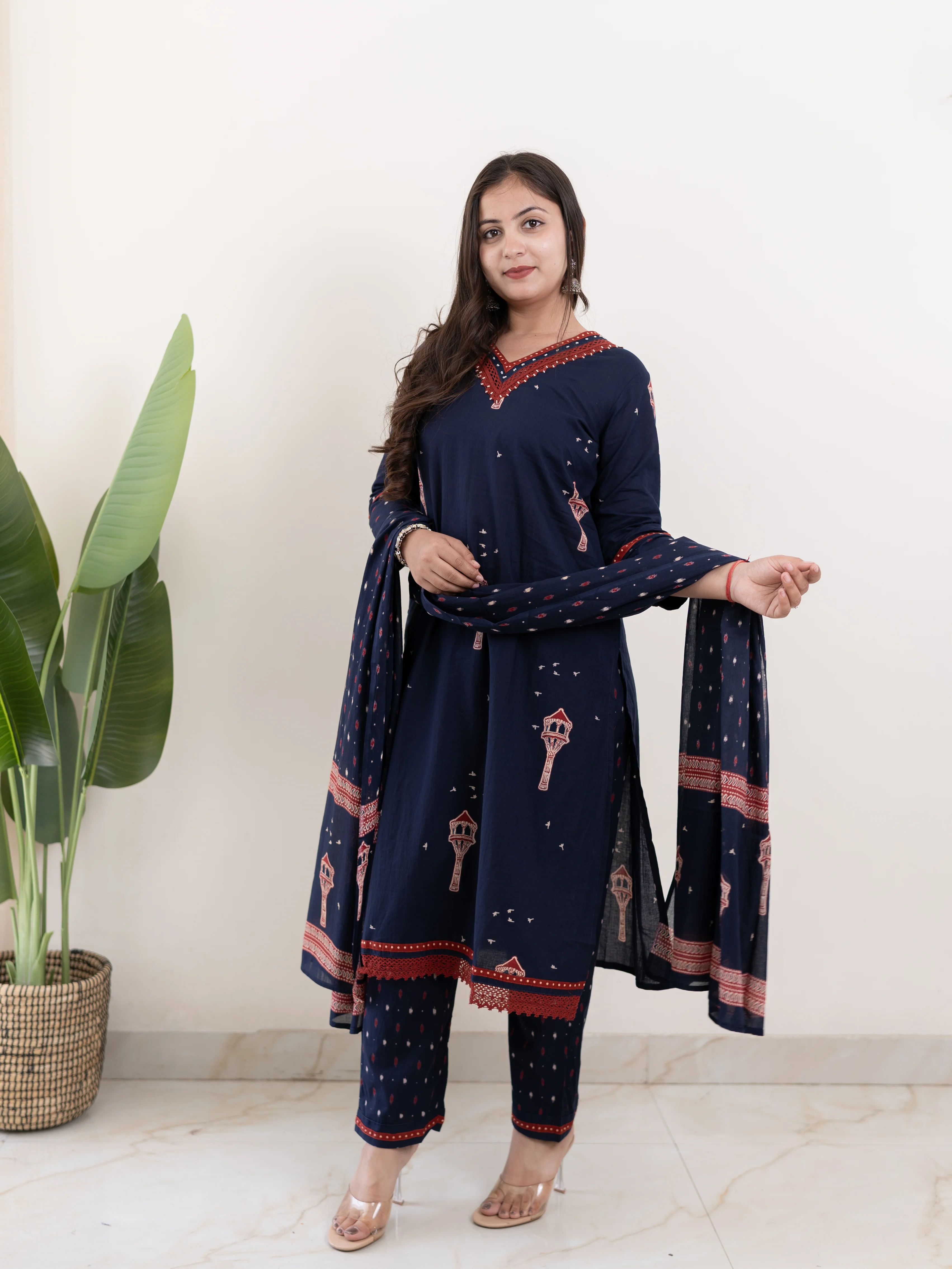 Blue Jaipuri Cotton Embroidered Dupatta Set - Image 4