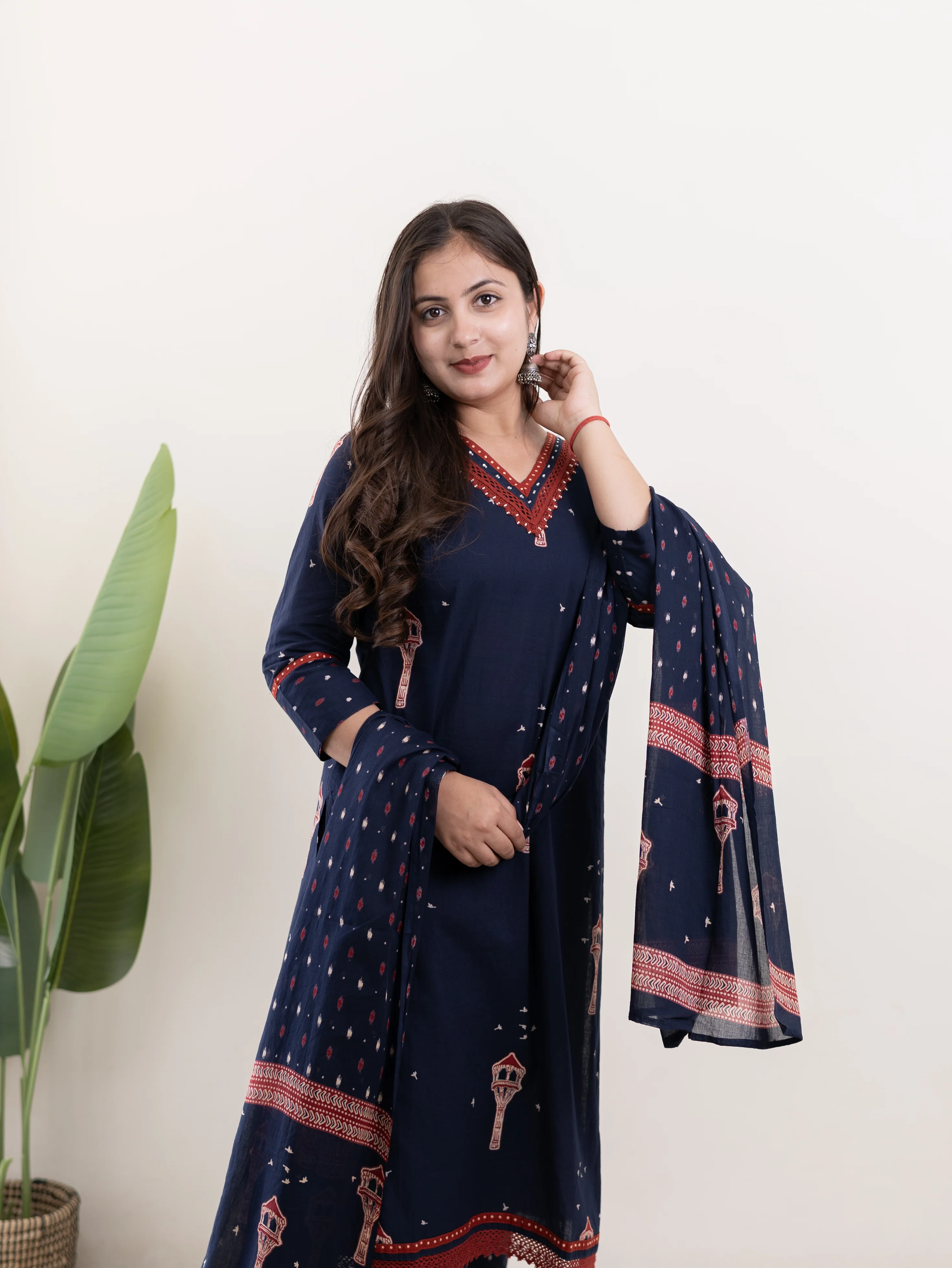 Blue Jaipuri Cotton Embroidered Dupatta Set - Image 5