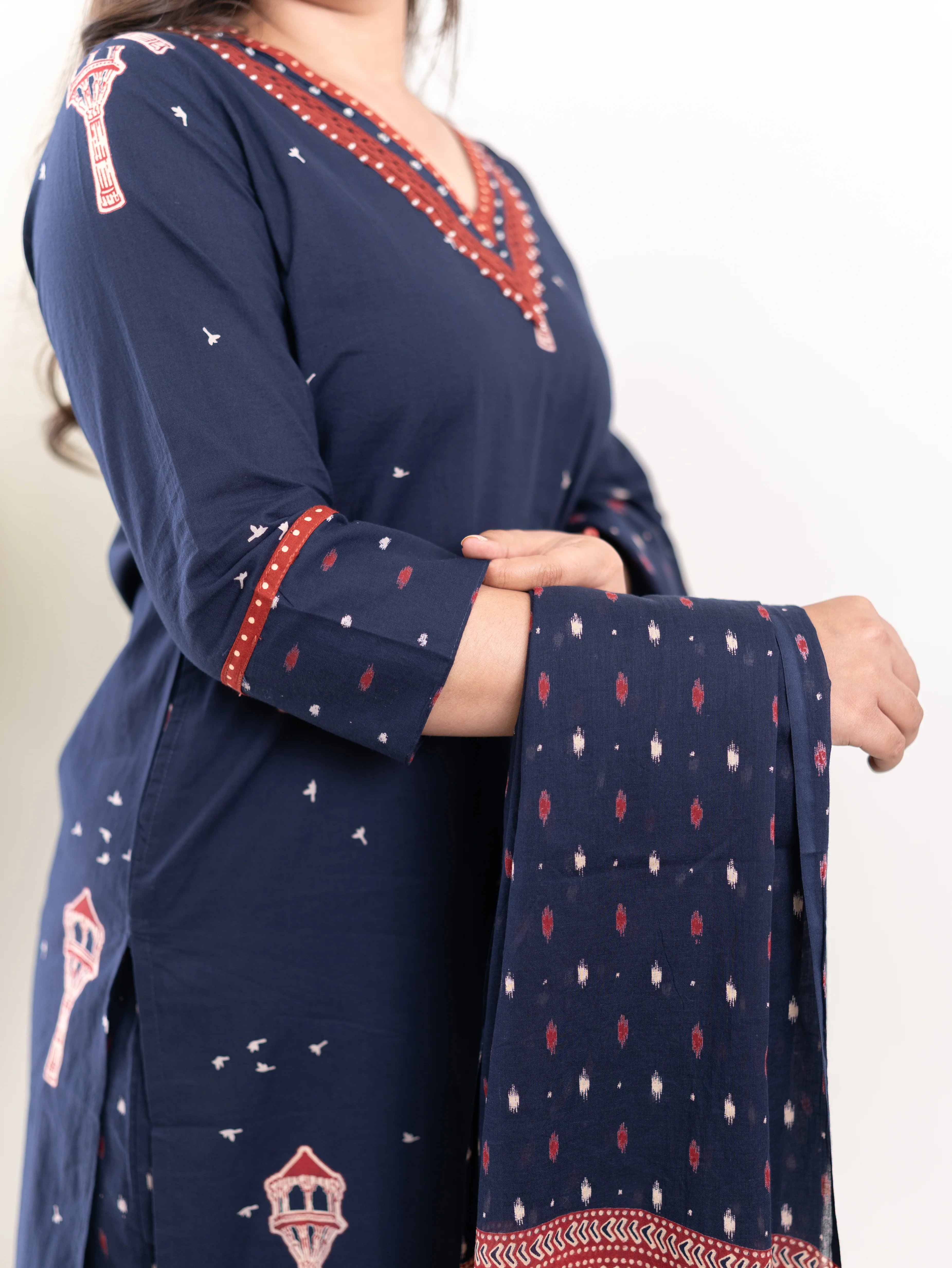 Blue Jaipuri Cotton Embroidered Dupatta Set - Image 6