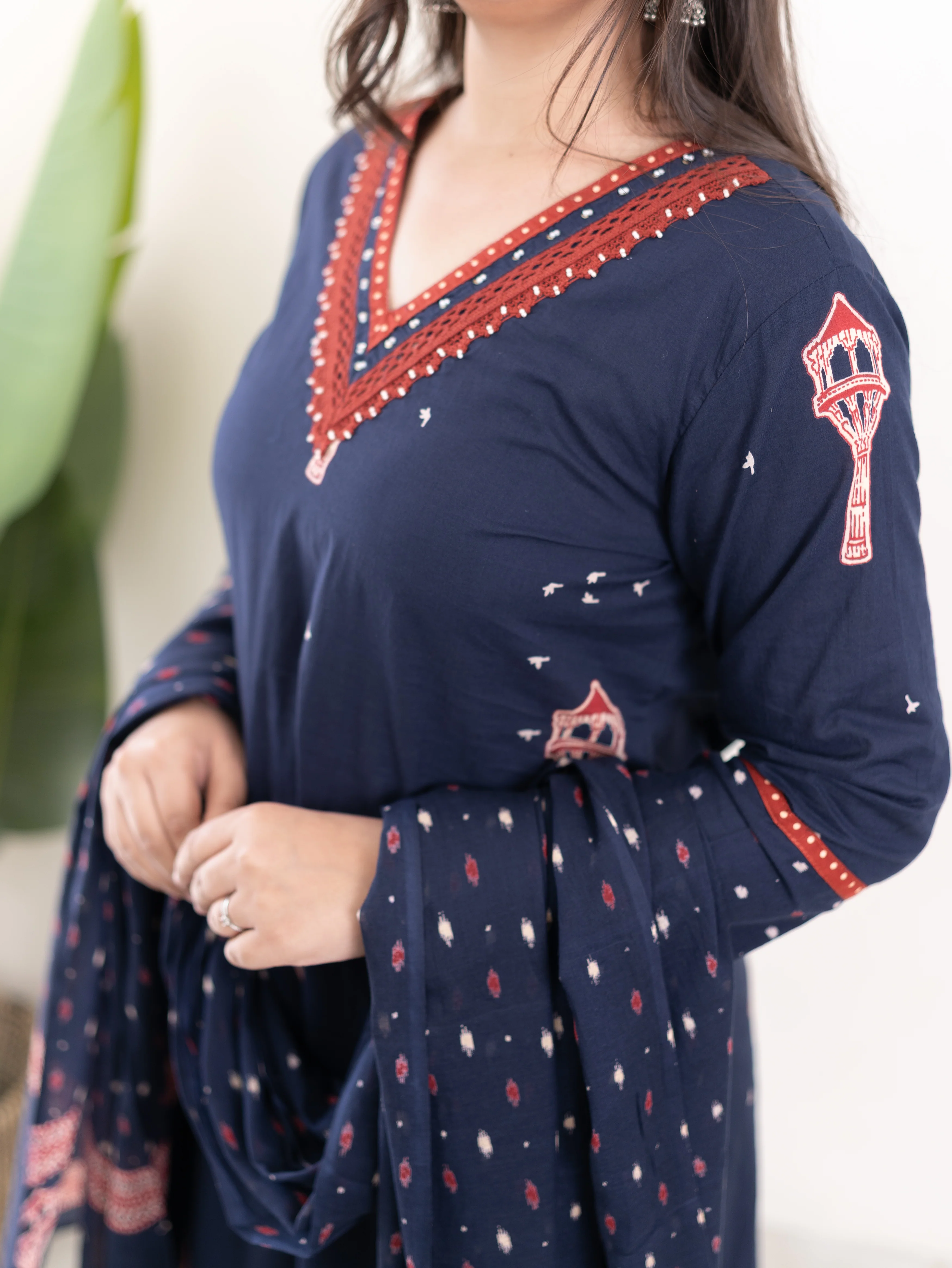 Blue Jaipuri Cotton Embroidered Dupatta Set - Image 7