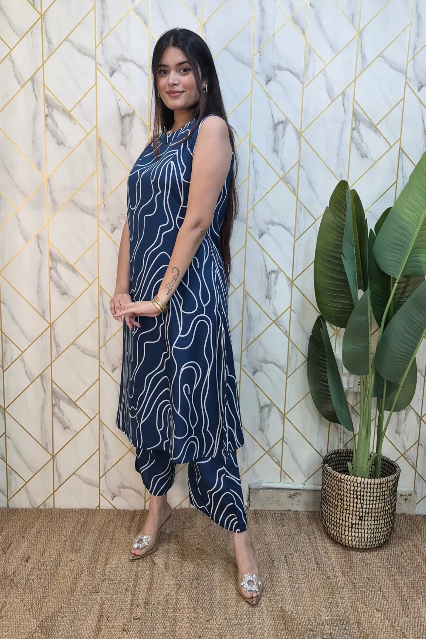 Blue Rayon Geometric Print A-line Coord Set - Image 4