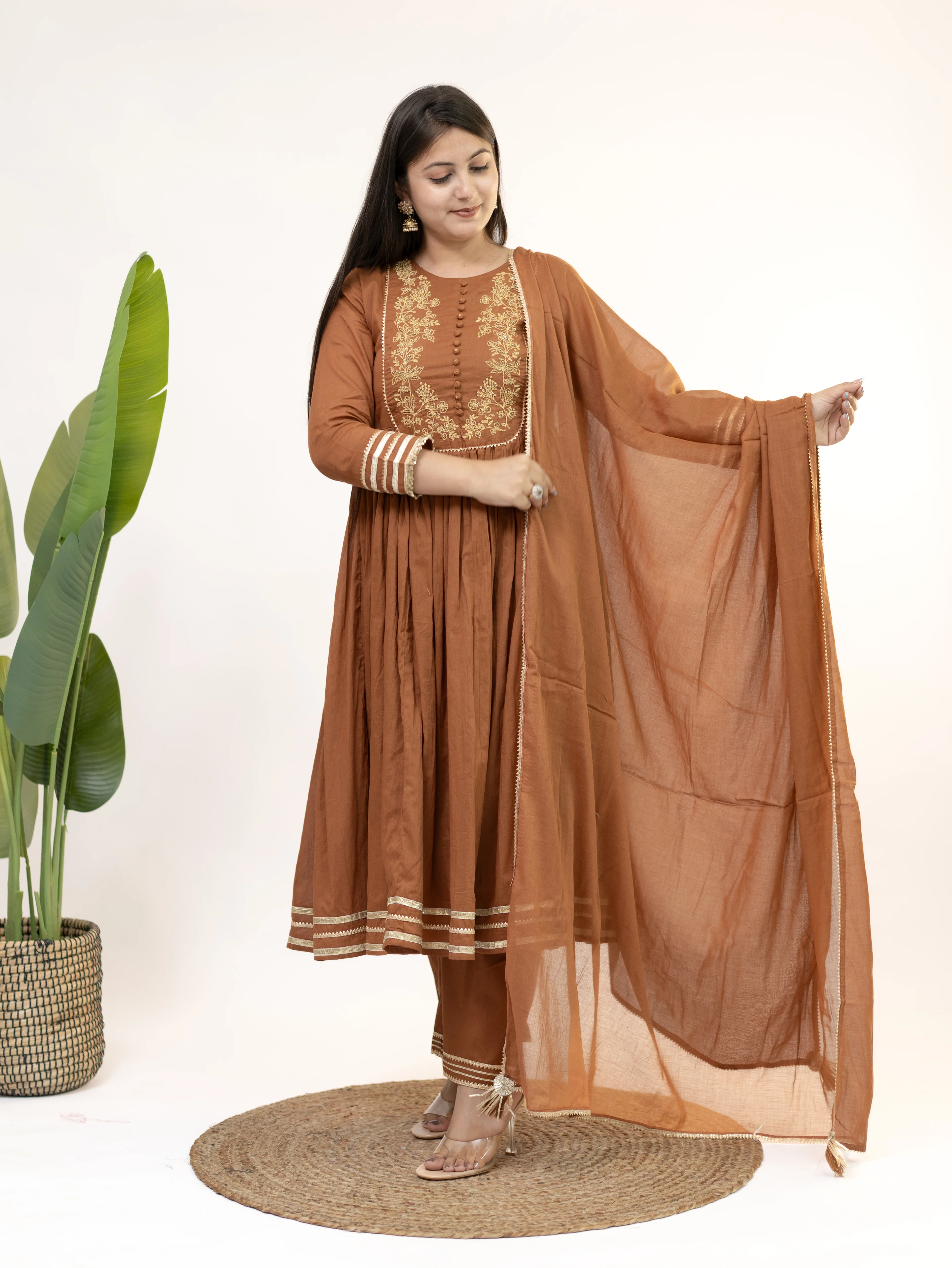 Aarya Brown Mul Cotton Embroidered Gotta Detailed Dupatta Set - Image 3