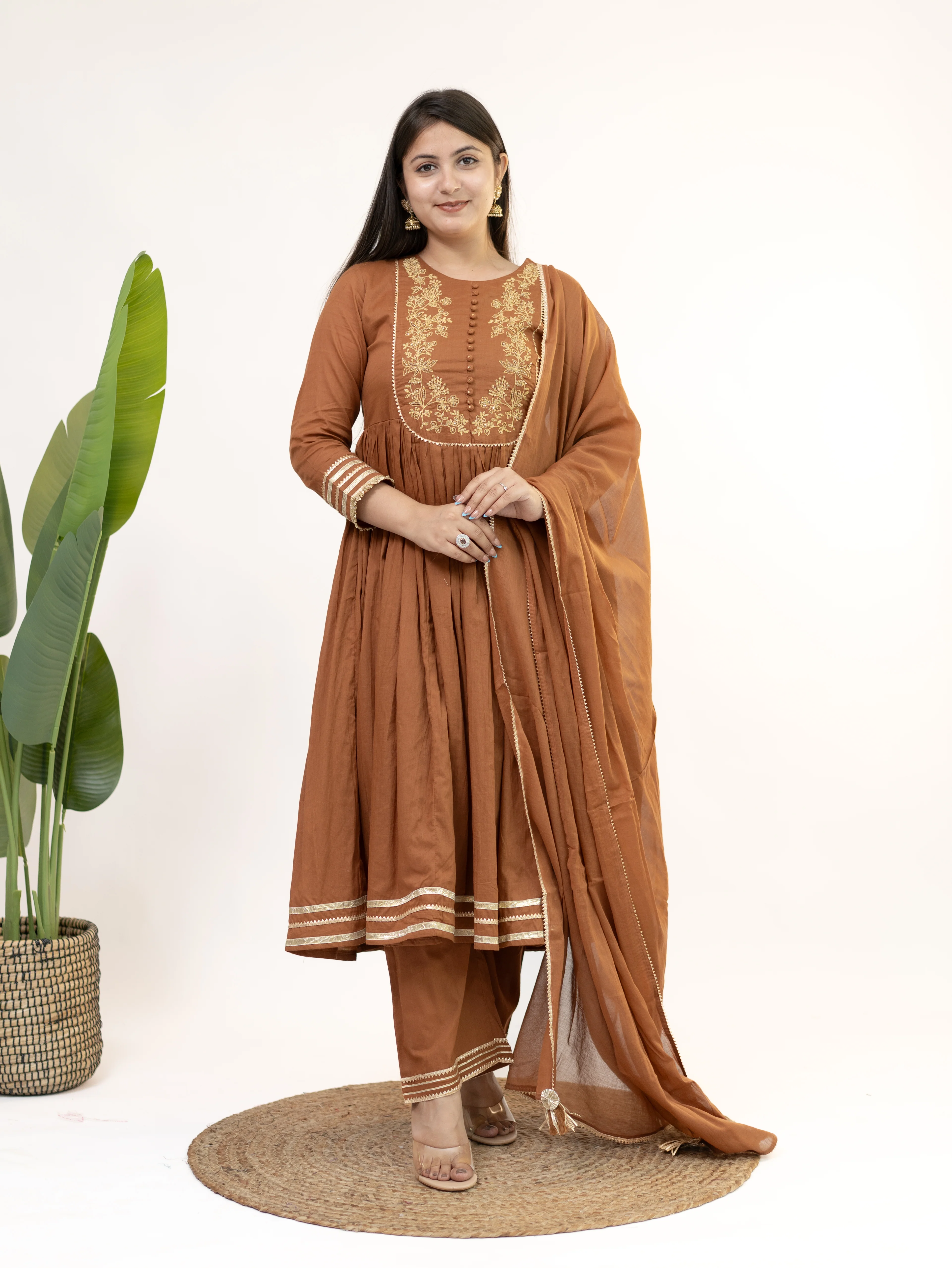 Aarya Brown Mul Cotton Embroidered Gotta Detailed Dupatta Set - Image 4