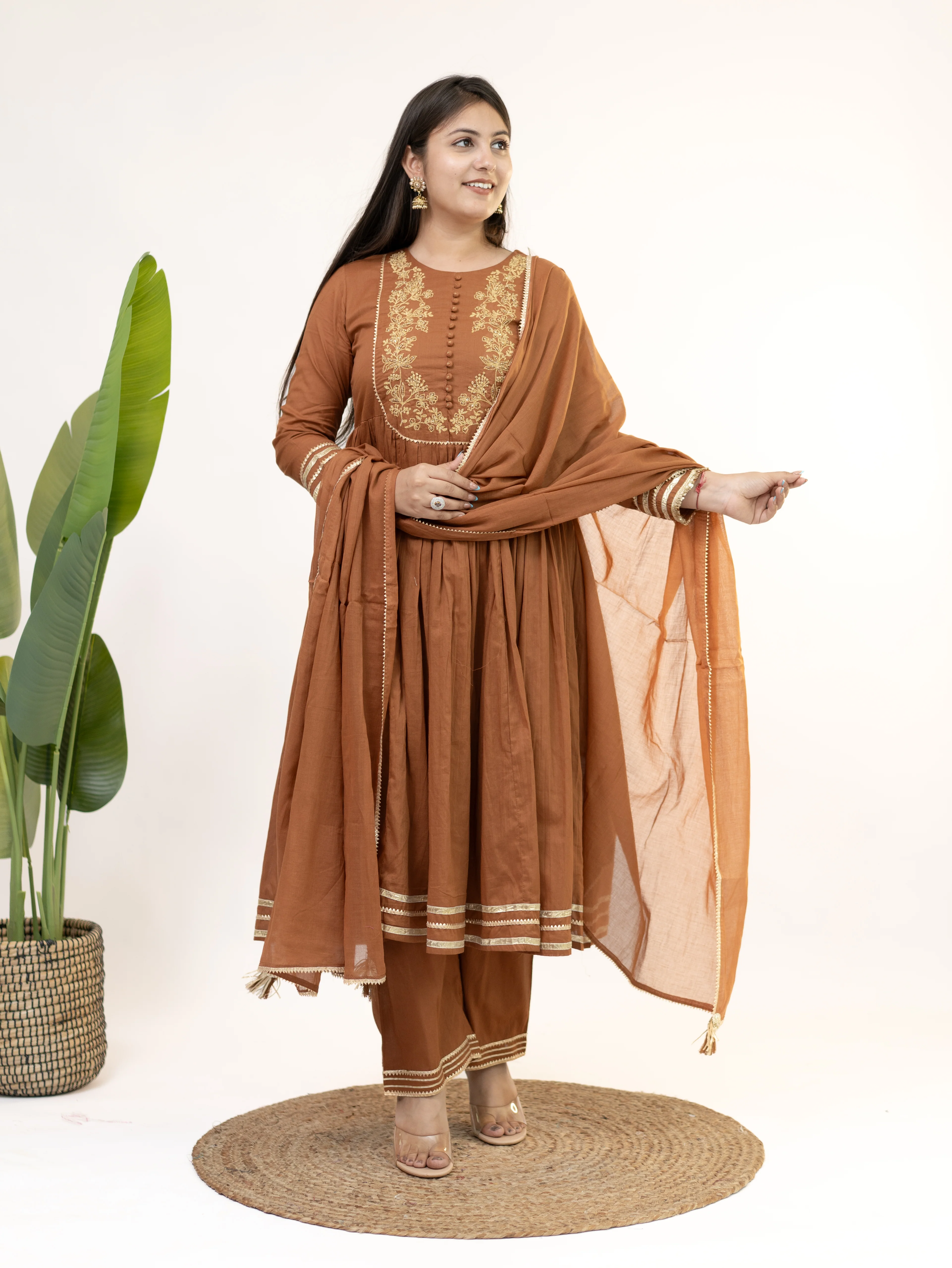 Aarya Brown Mul Cotton Embroidered Gotta Detailed Dupatta Set - Image 5