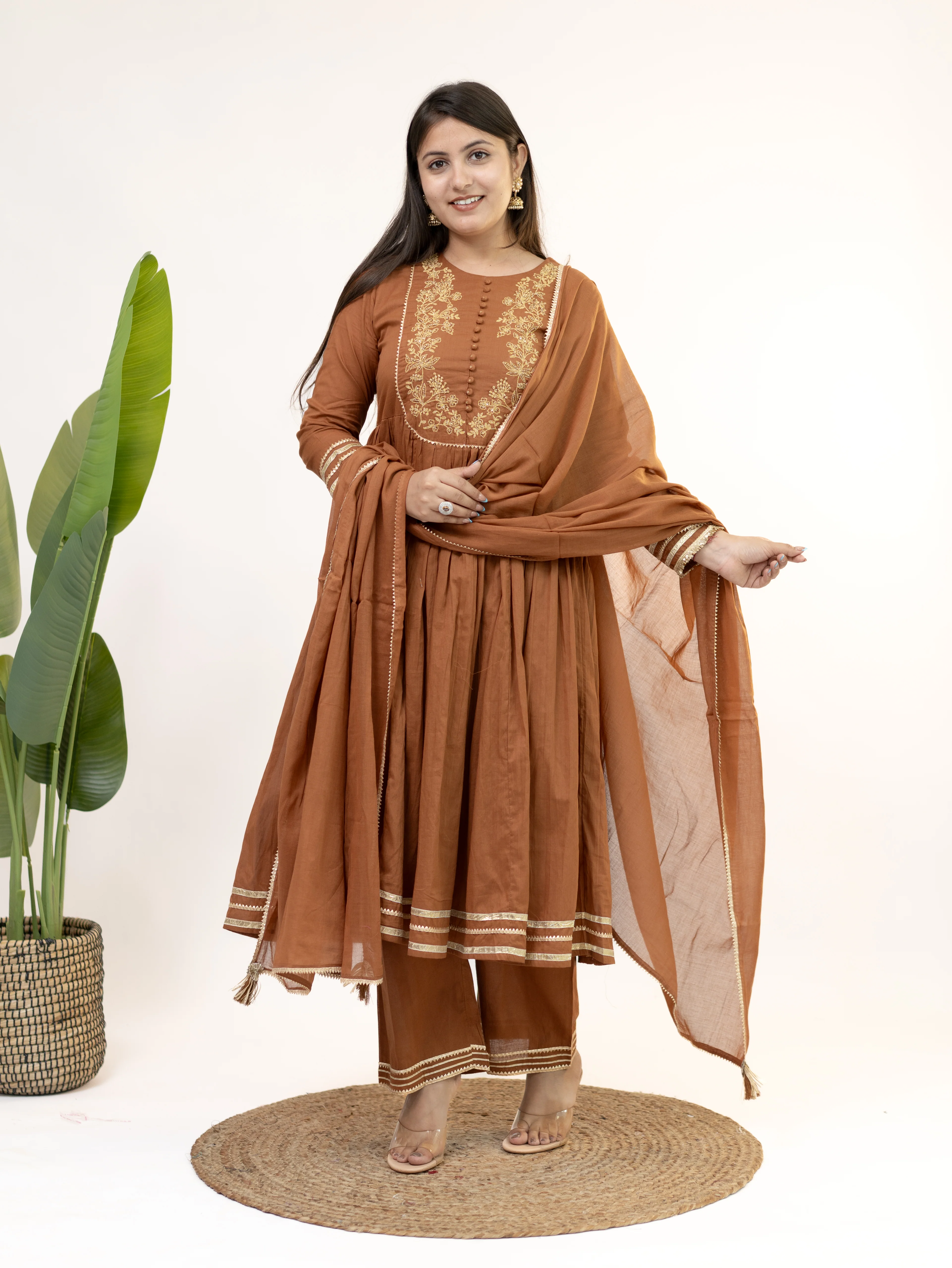 Aarya Brown Mul Cotton Embroidered Gotta Detailed Dupatta Set - Image 6