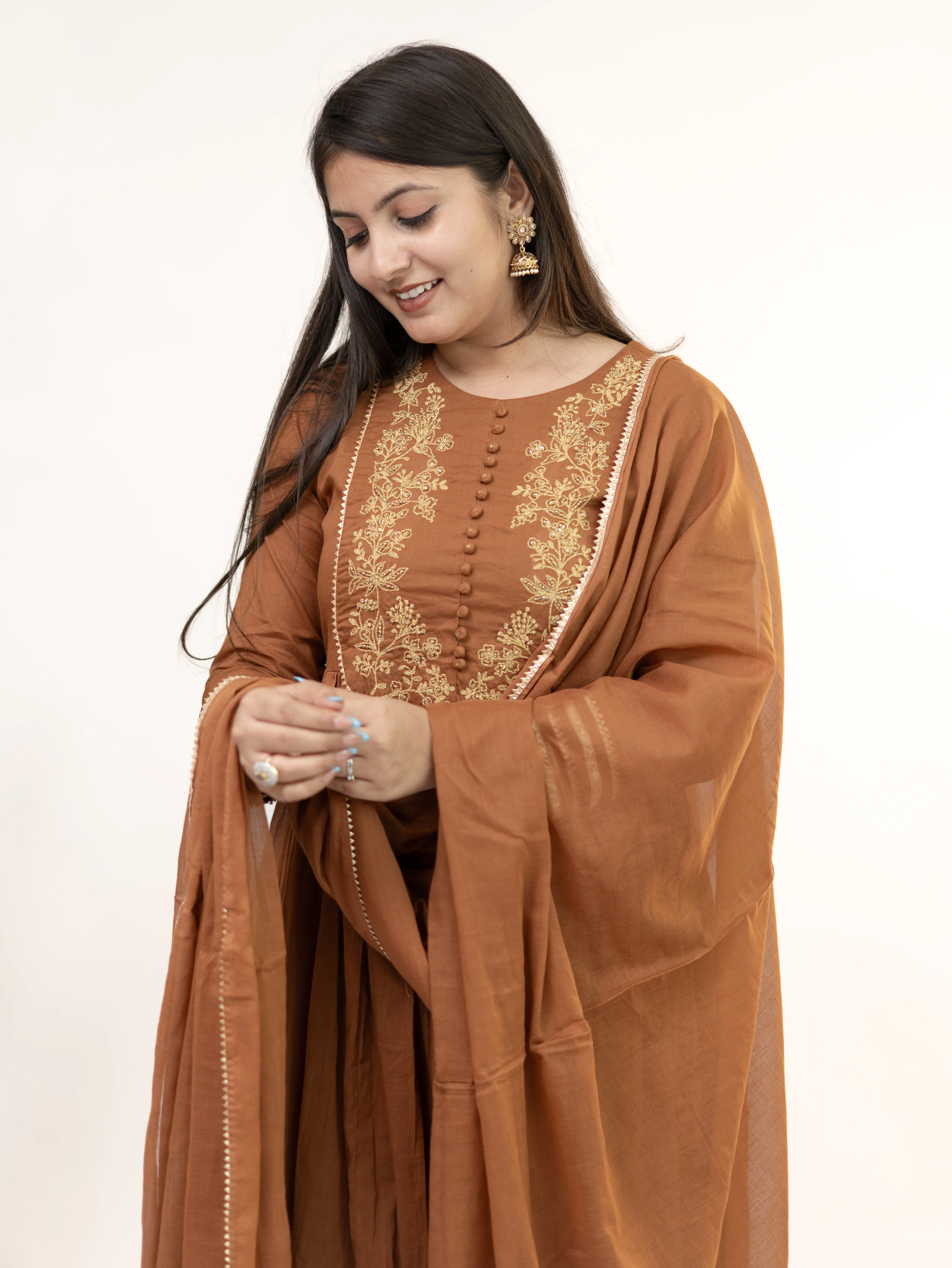 Aarya Brown Mul Cotton Embroidered Gotta Detailed Dupatta Set - Image 7
