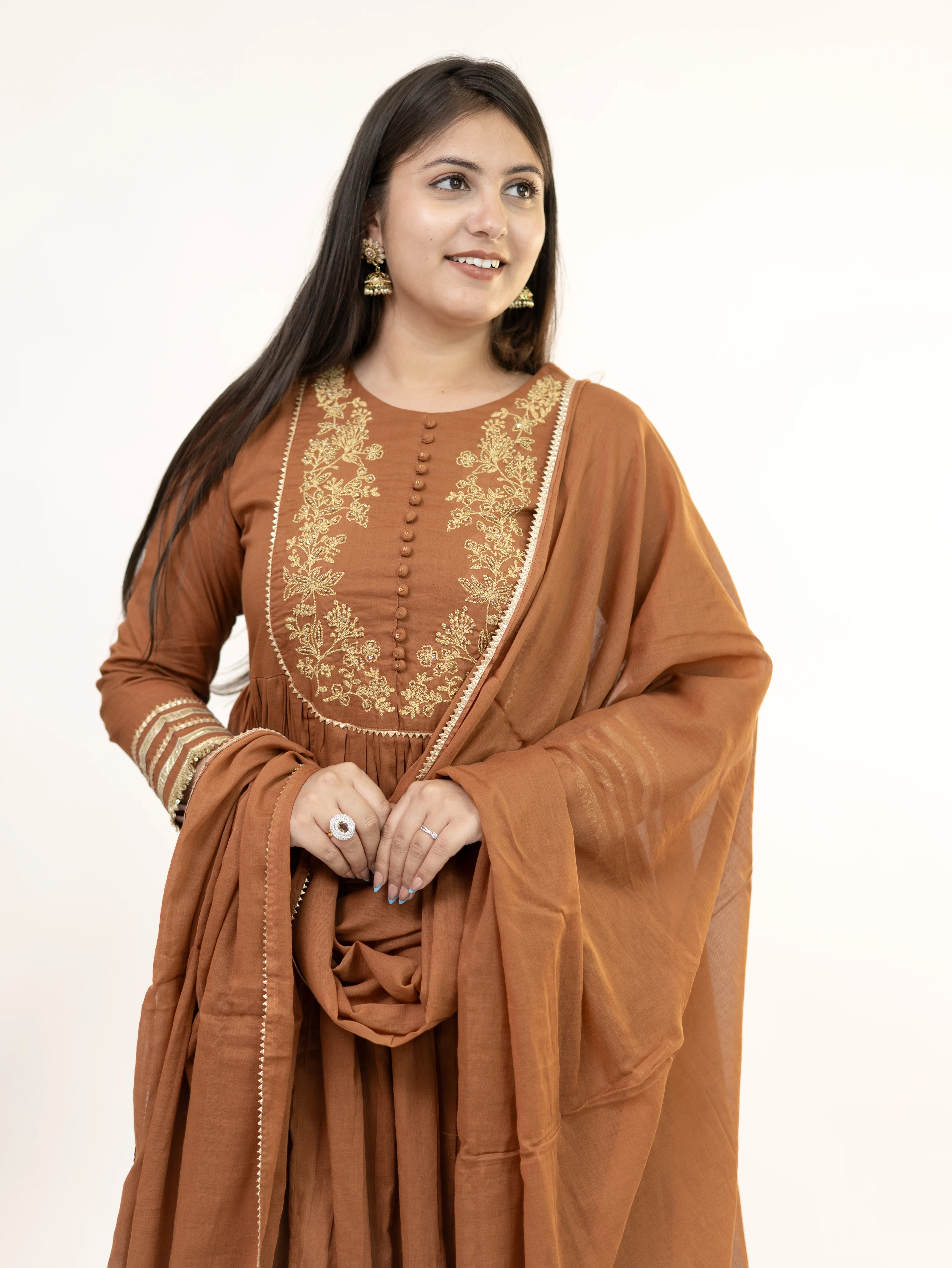 Aarya Brown Mul Cotton Embroidered Gotta Detailed Dupatta Set - Image 8