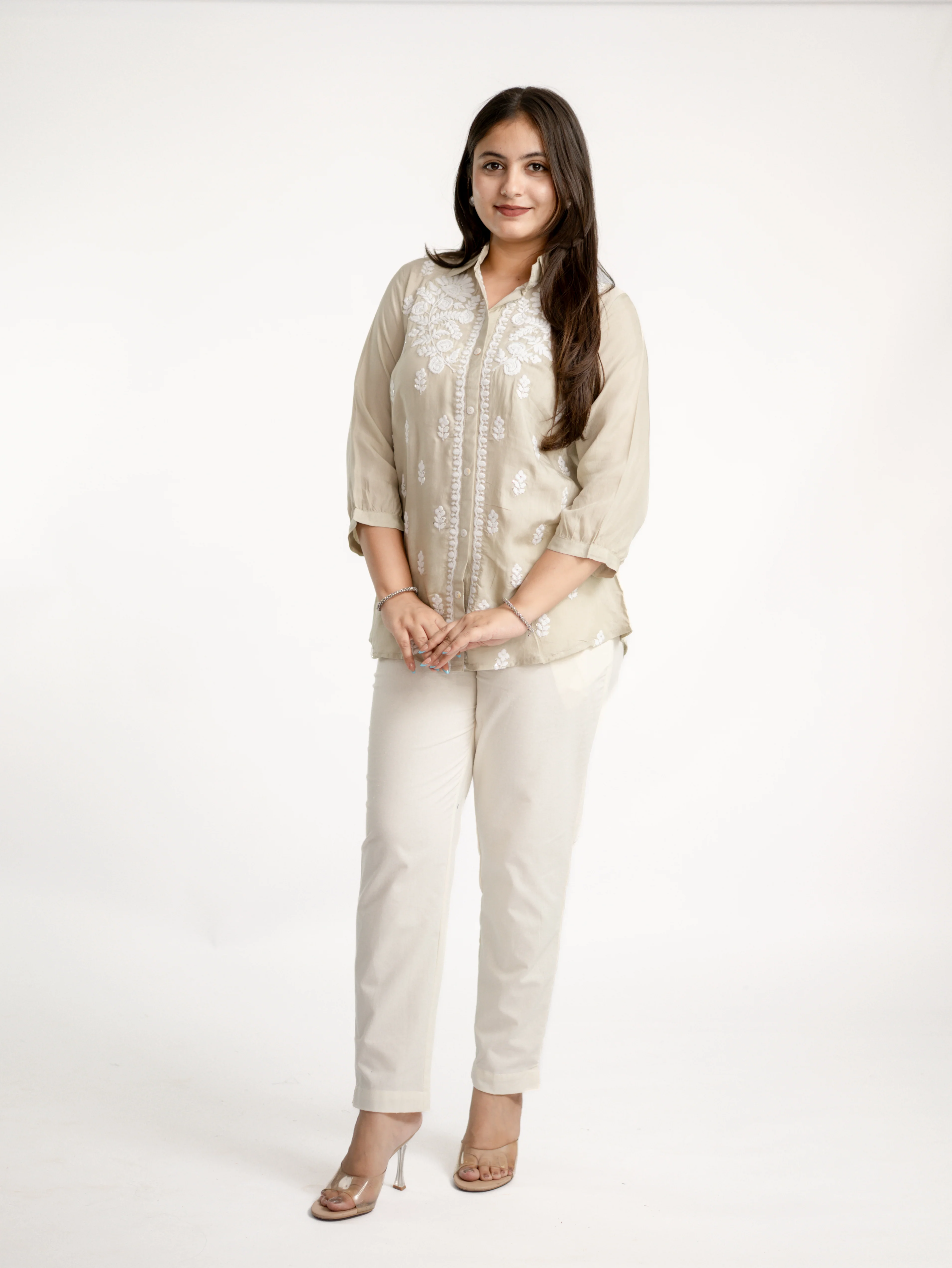 Sirya Beige Muslin Lucknowi Embroidered Short top - Image 3