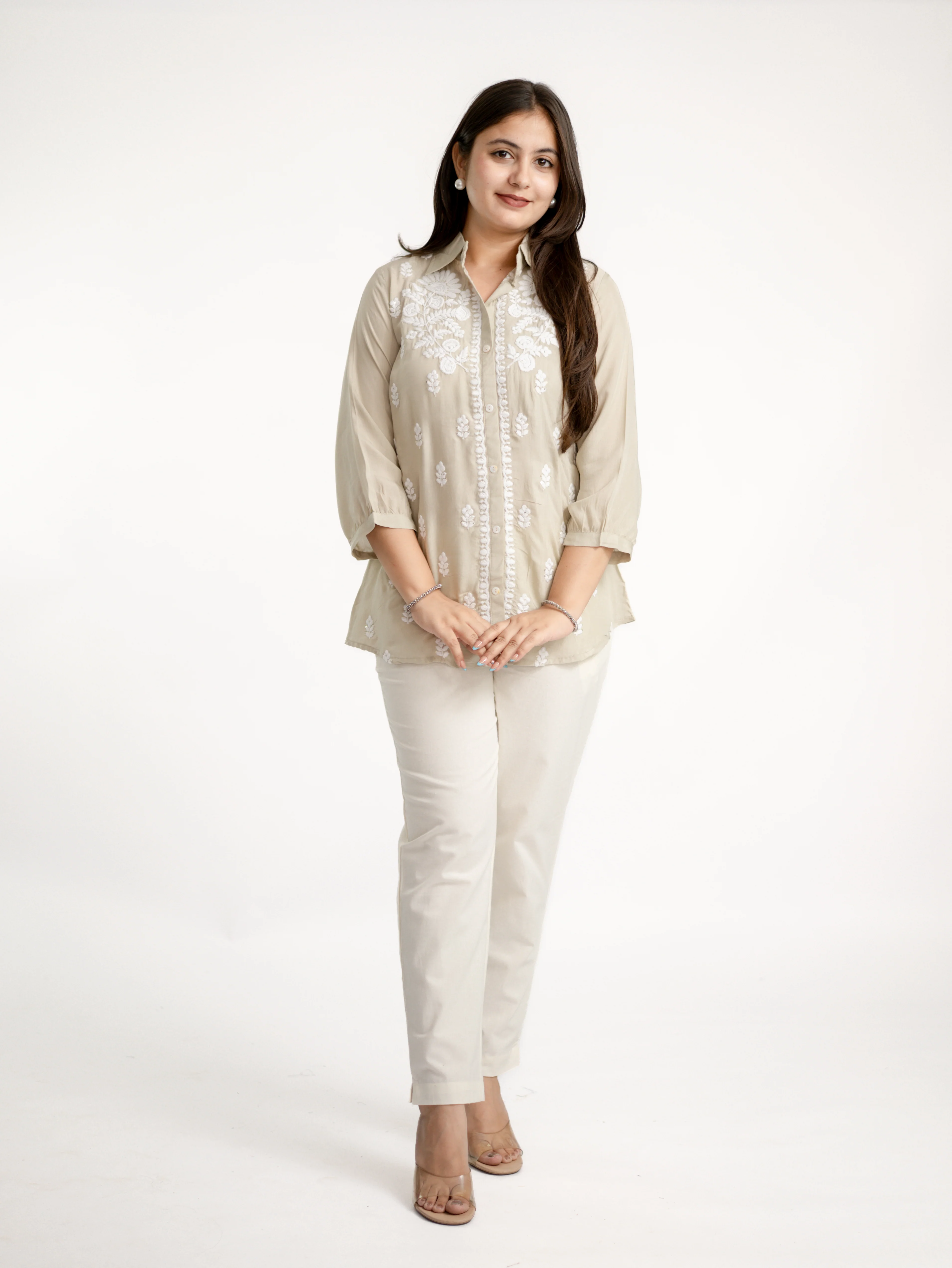Sirya Beige Muslin Lucknowi Embroidered Short top - Image 4