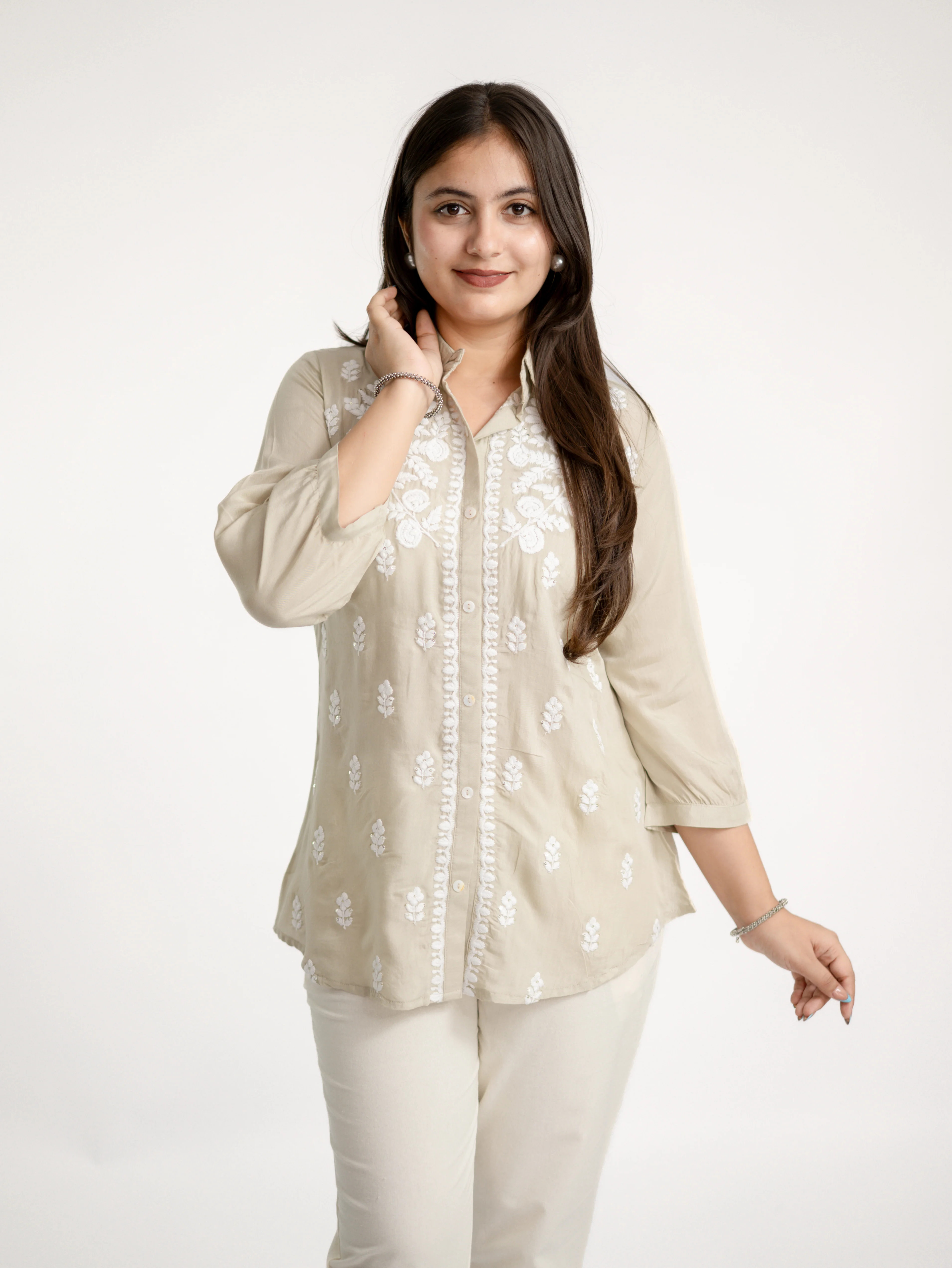 Sirya Beige Muslin Lucknowi Embroidered Short top - Image 5