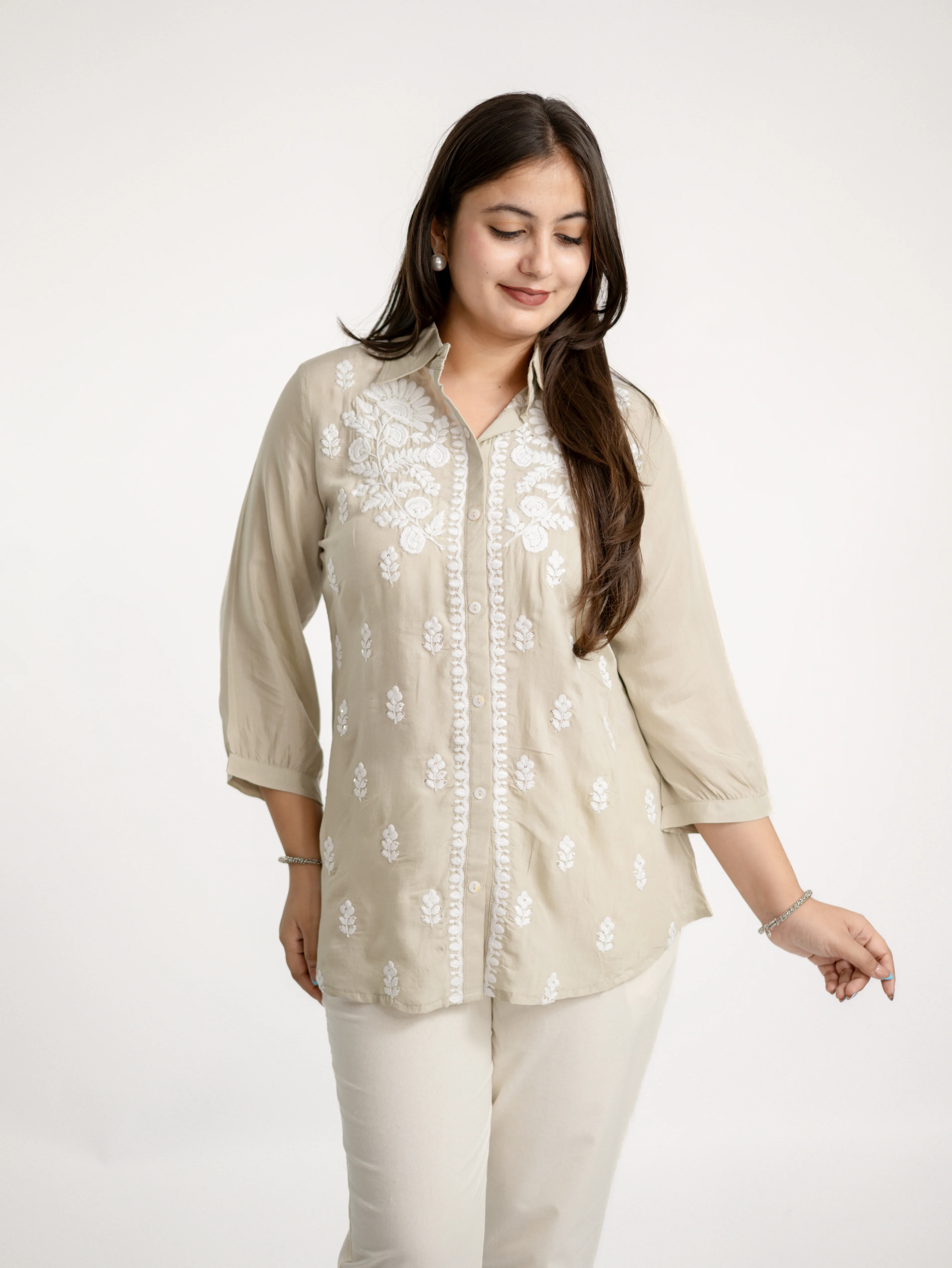 Sirya Beige Muslin Lucknowi Embroidered Short top - Image 6