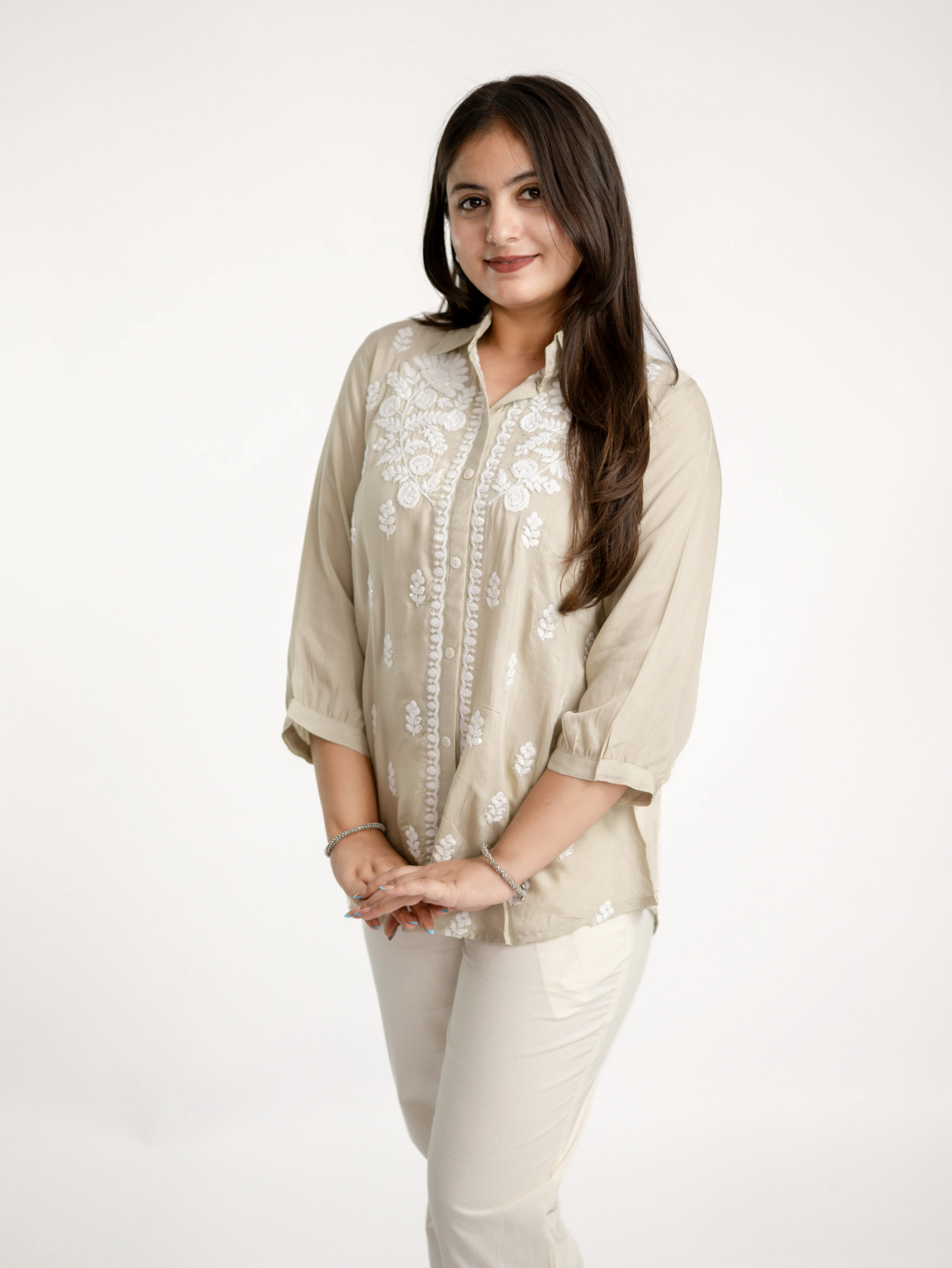 Sirya Beige Muslin Lucknowi Embroidered Short top - Image 7