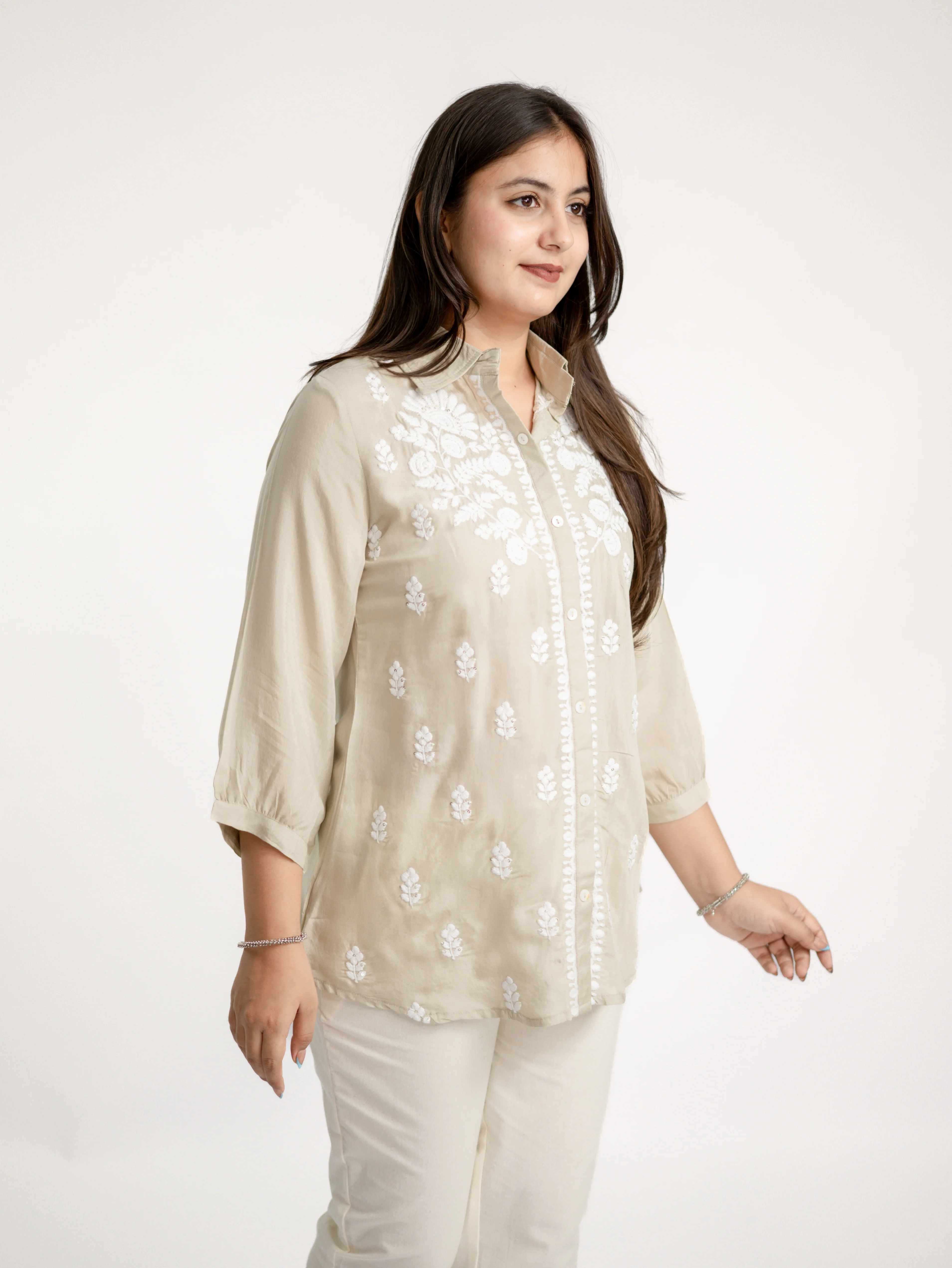 Sirya Beige Muslin Lucknowi Embroidered Short top - Image 8