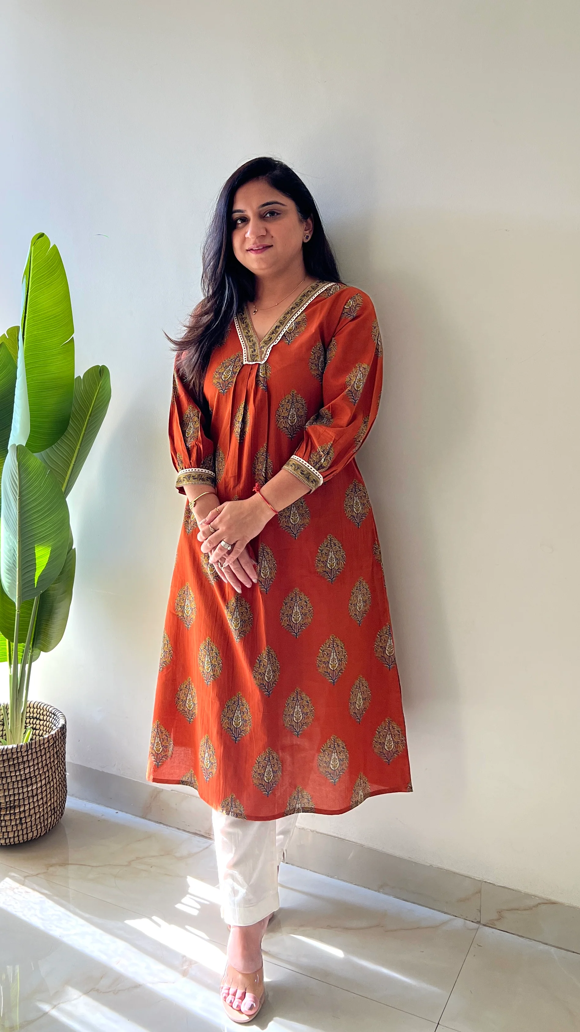 Rust Cotton A-line Casual Kurta - Image 2