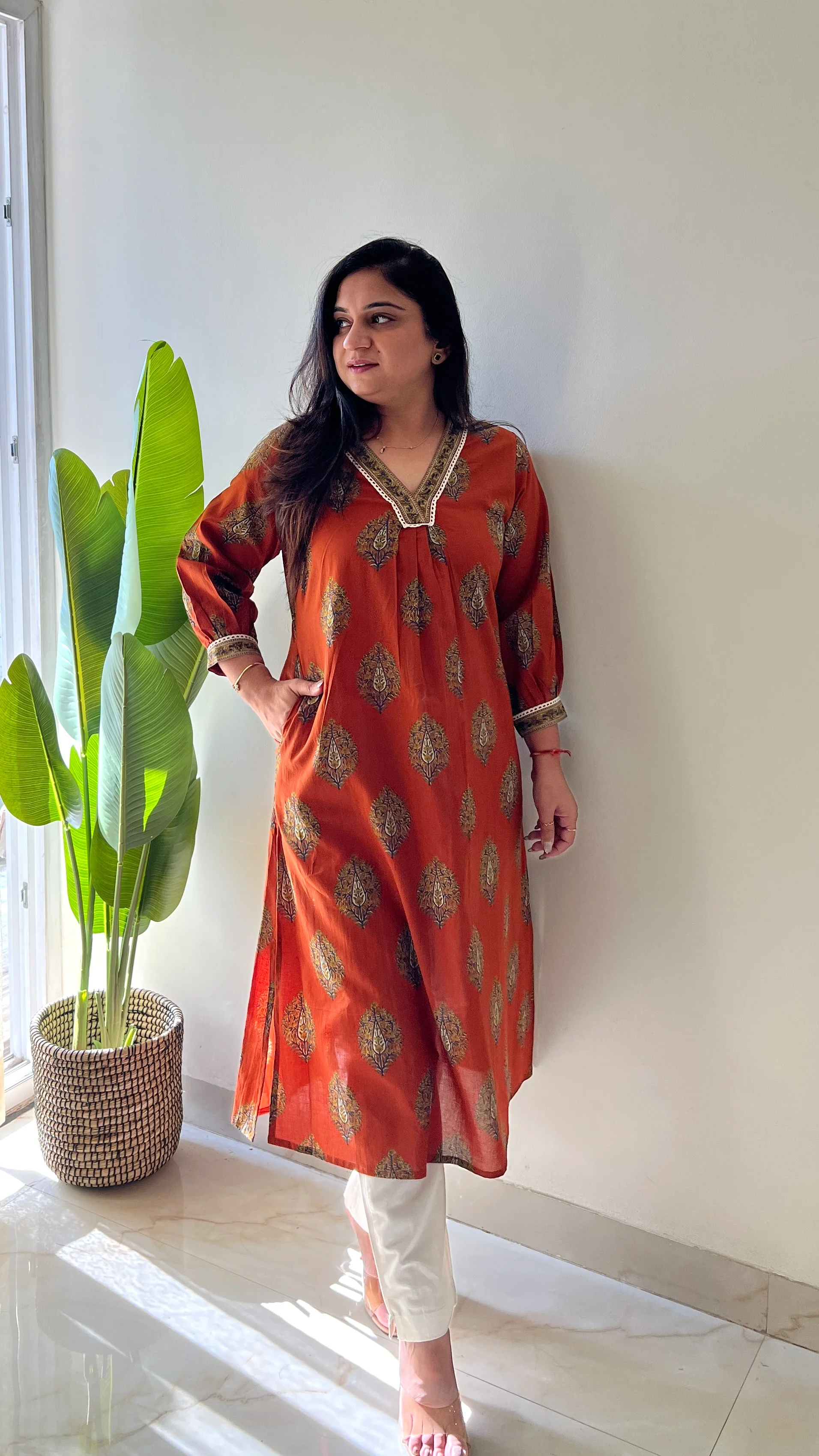 Rust Cotton A-line Casual Kurta - Image 3