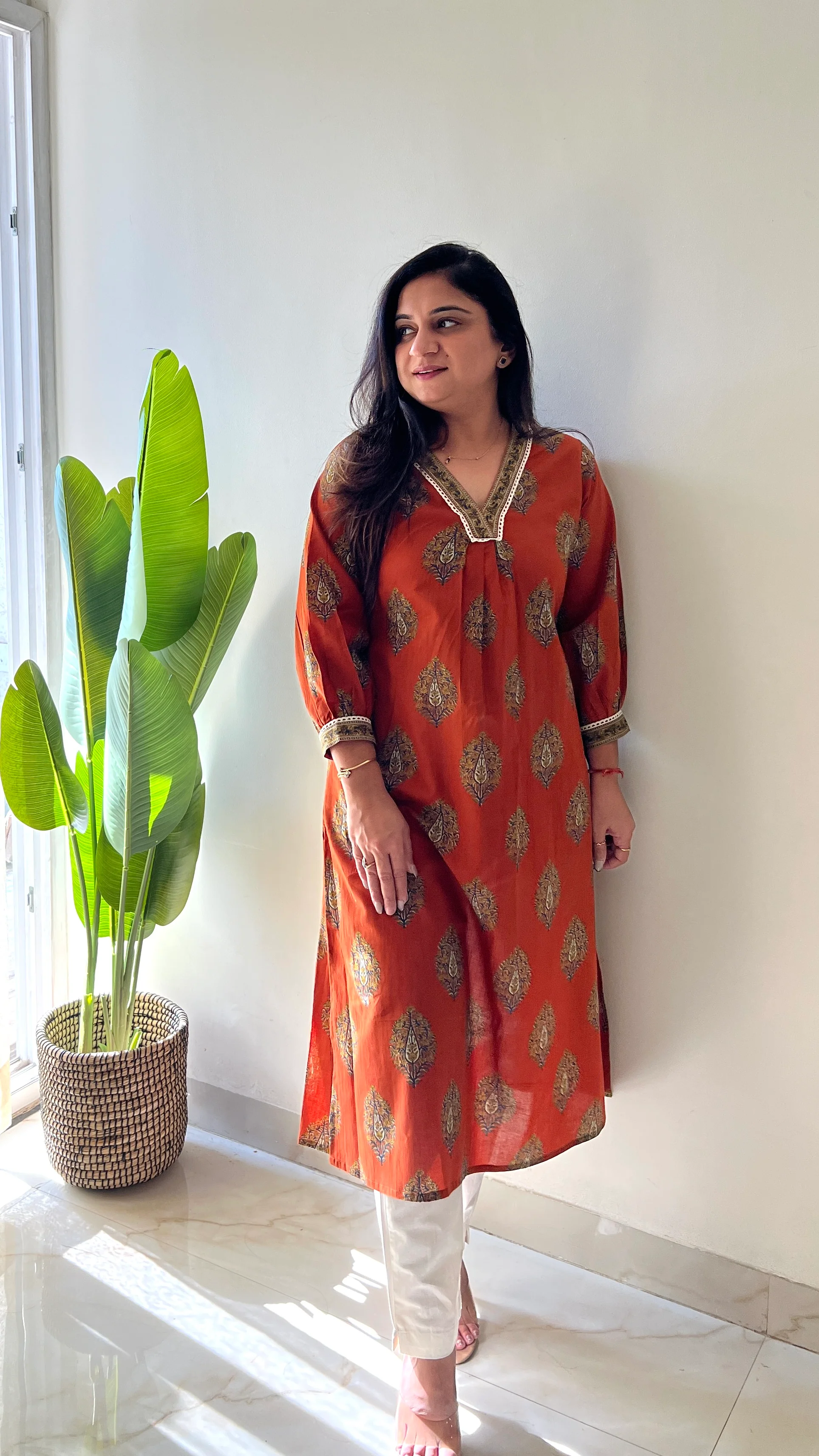 Rust Cotton A-line Casual Kurta - Image 4