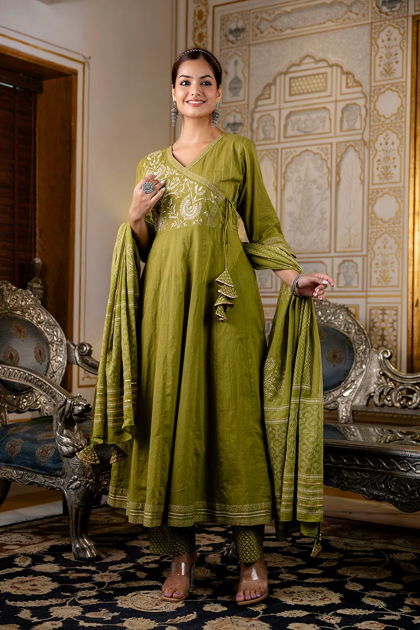 Cotton Angrakha Embroidered Festive Anarkali Set - Image 4
