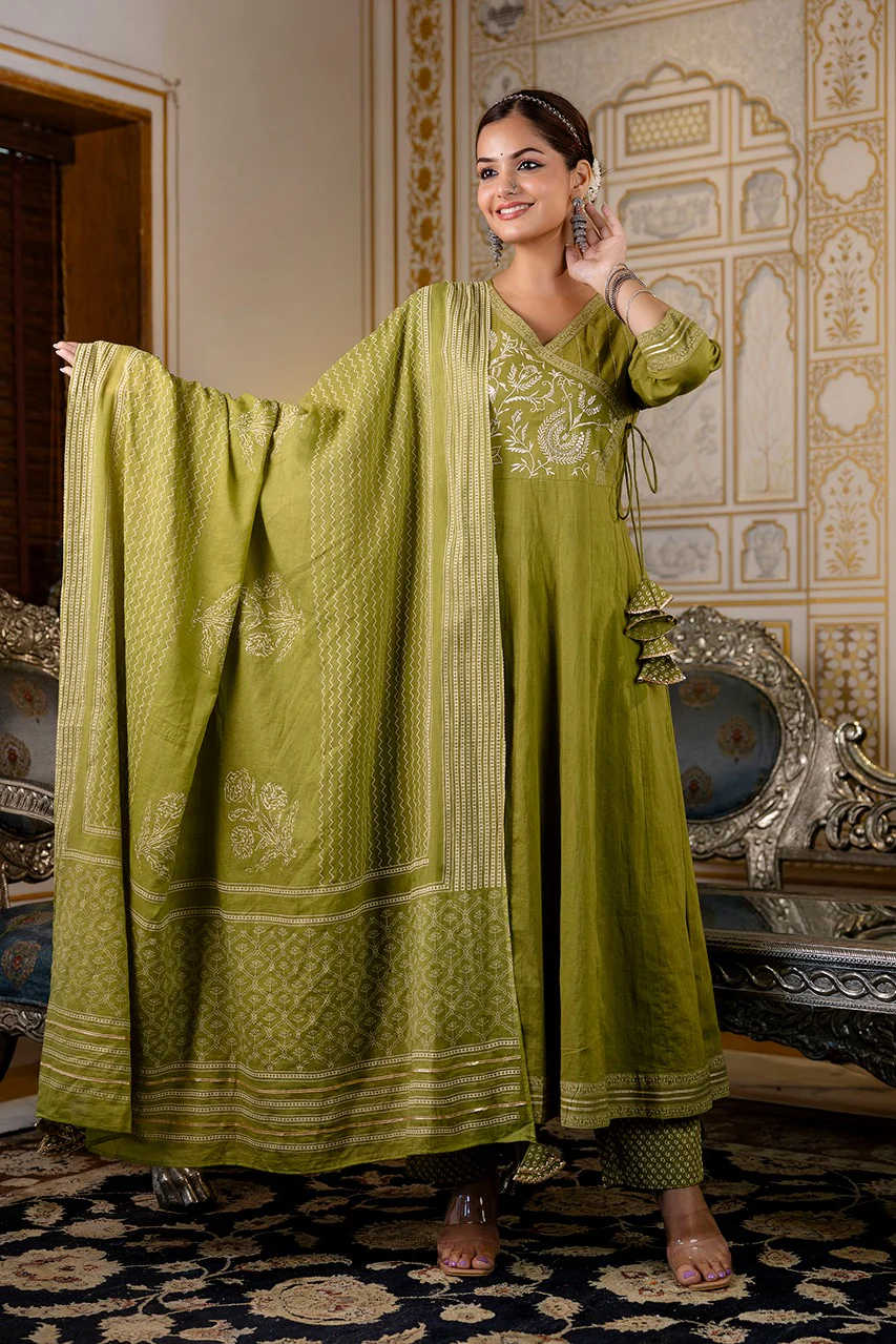 Cotton Angrakha Embroidered Festive Anarkali Set - Image 5