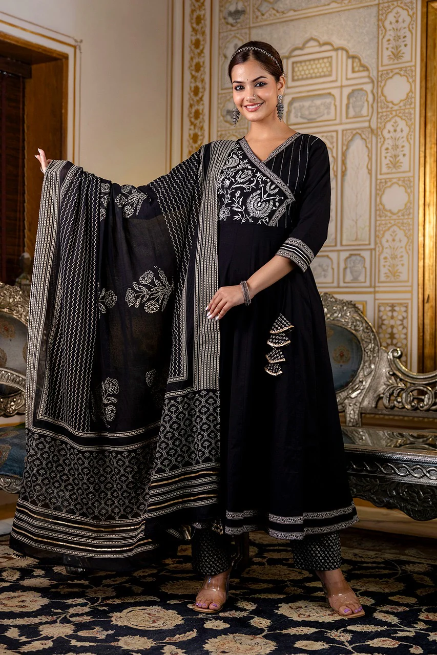 Cotton Angrakha Embroidered Festive Anarkali Set - Image 9
