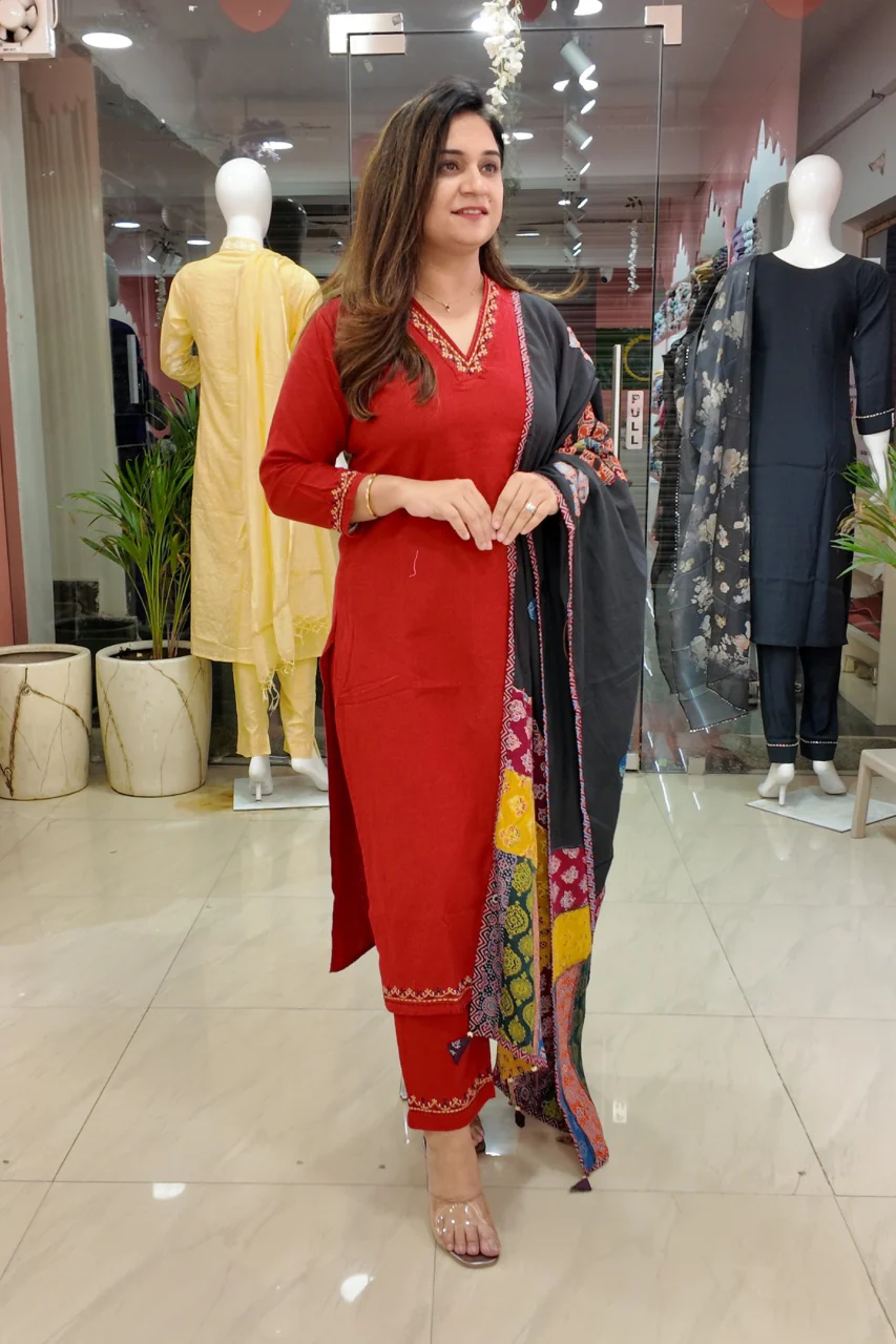 Cotton Embroidered Pant Set with Ajrakh Appliqué Dupatta - Image 22