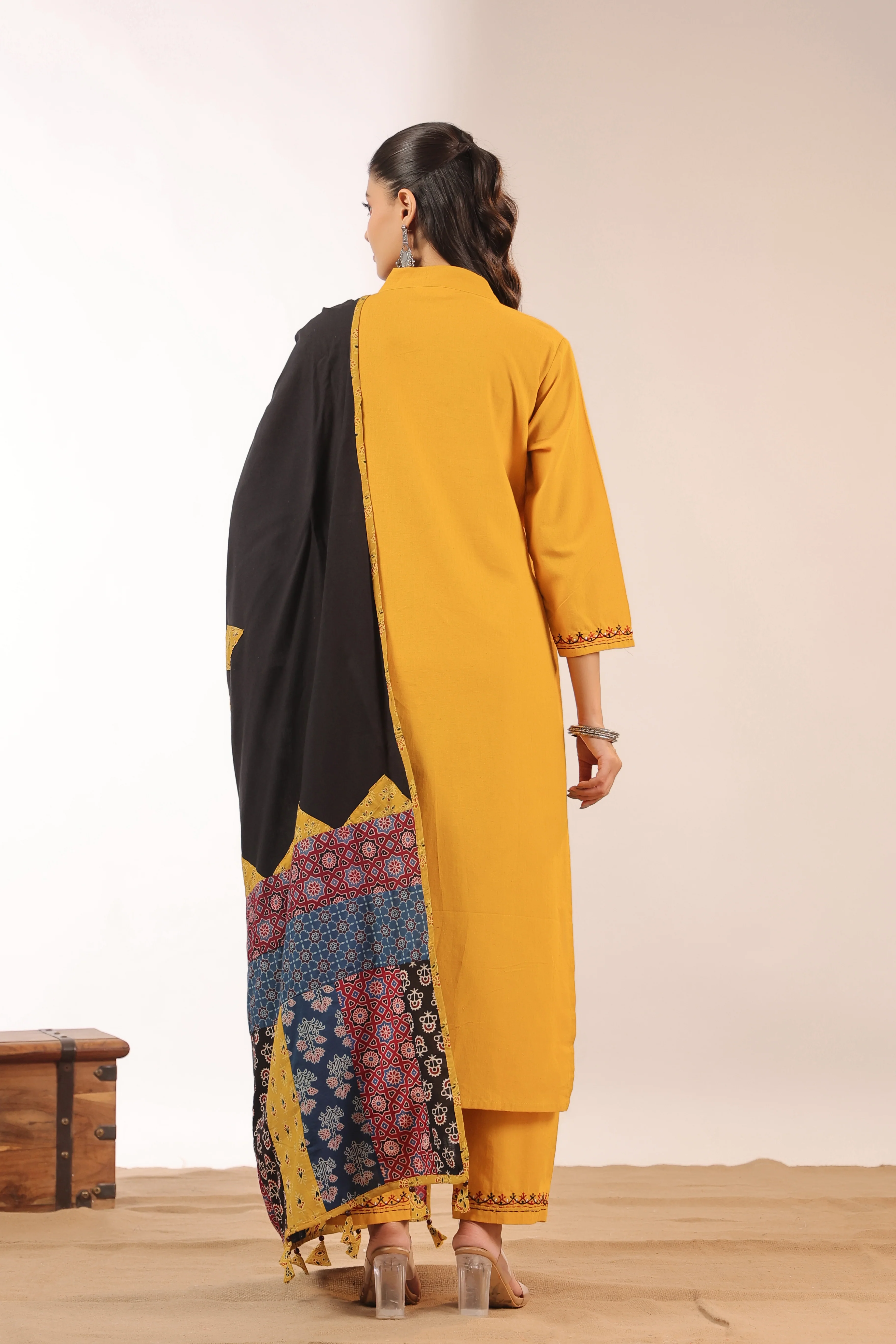 Cotton Embroidered Pant Set with Ajrakh Appliqué Dupatta - Image 25