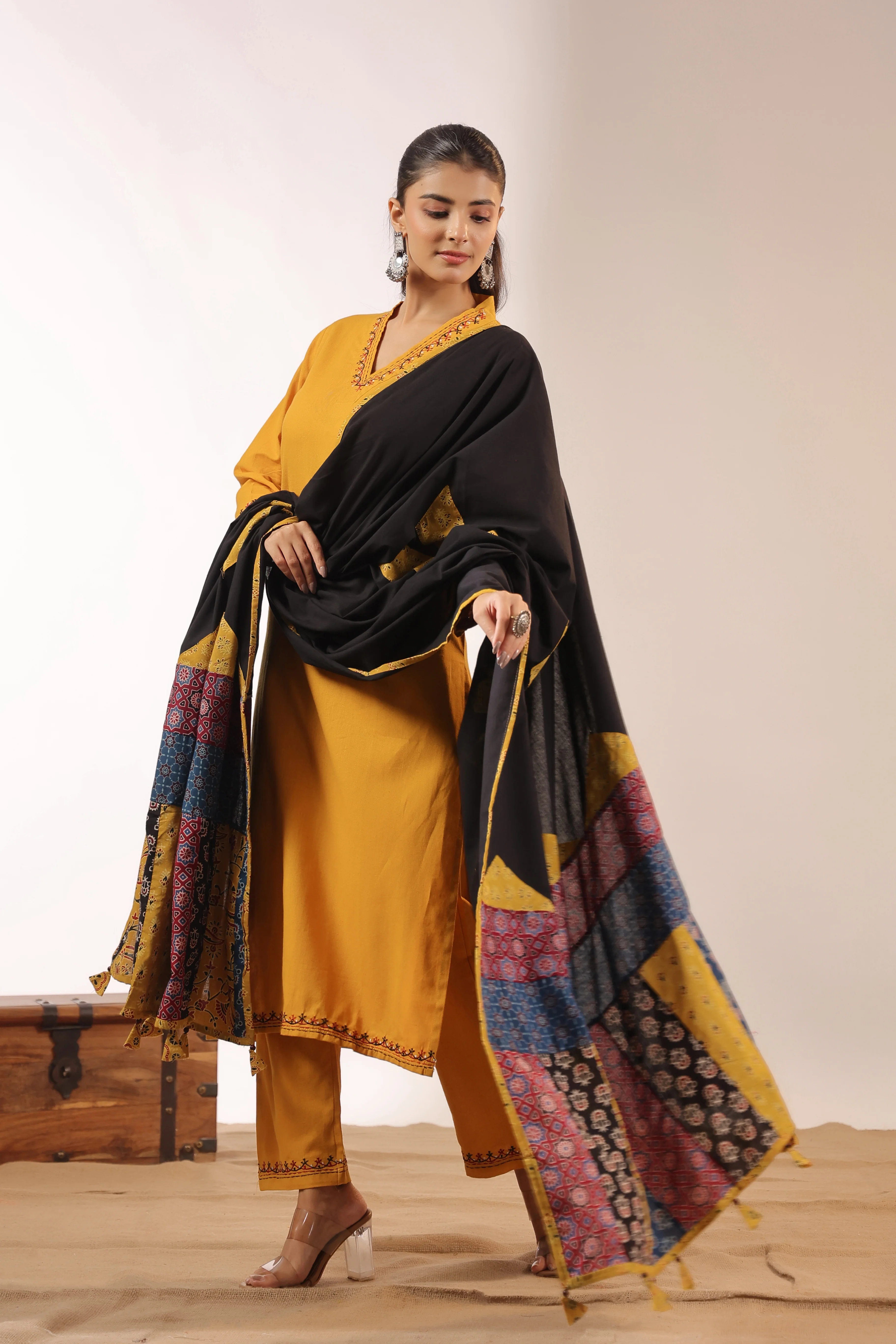Cotton Embroidered Pant Set with Ajrakh Appliqué Dupatta - Image 5
