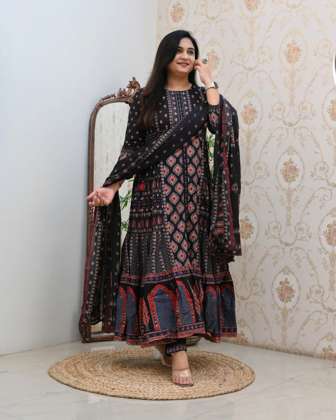 Cotton Handblock Flaired Anarkali Set - Image 7