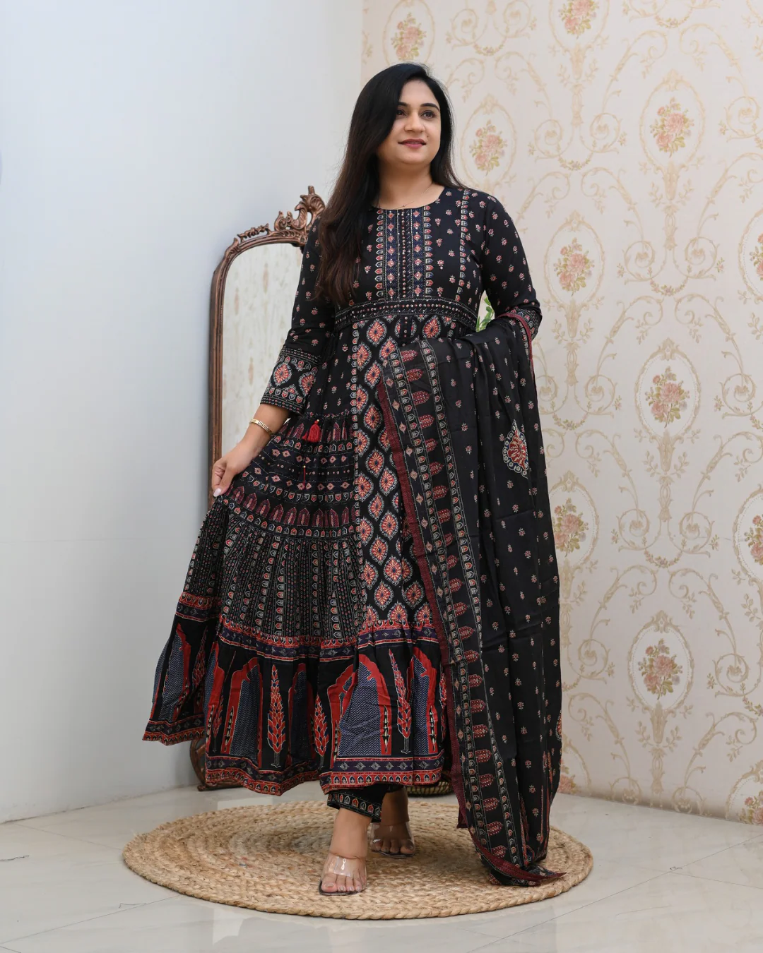 Cotton Handblock Flaired Anarkali Set - Image 9
