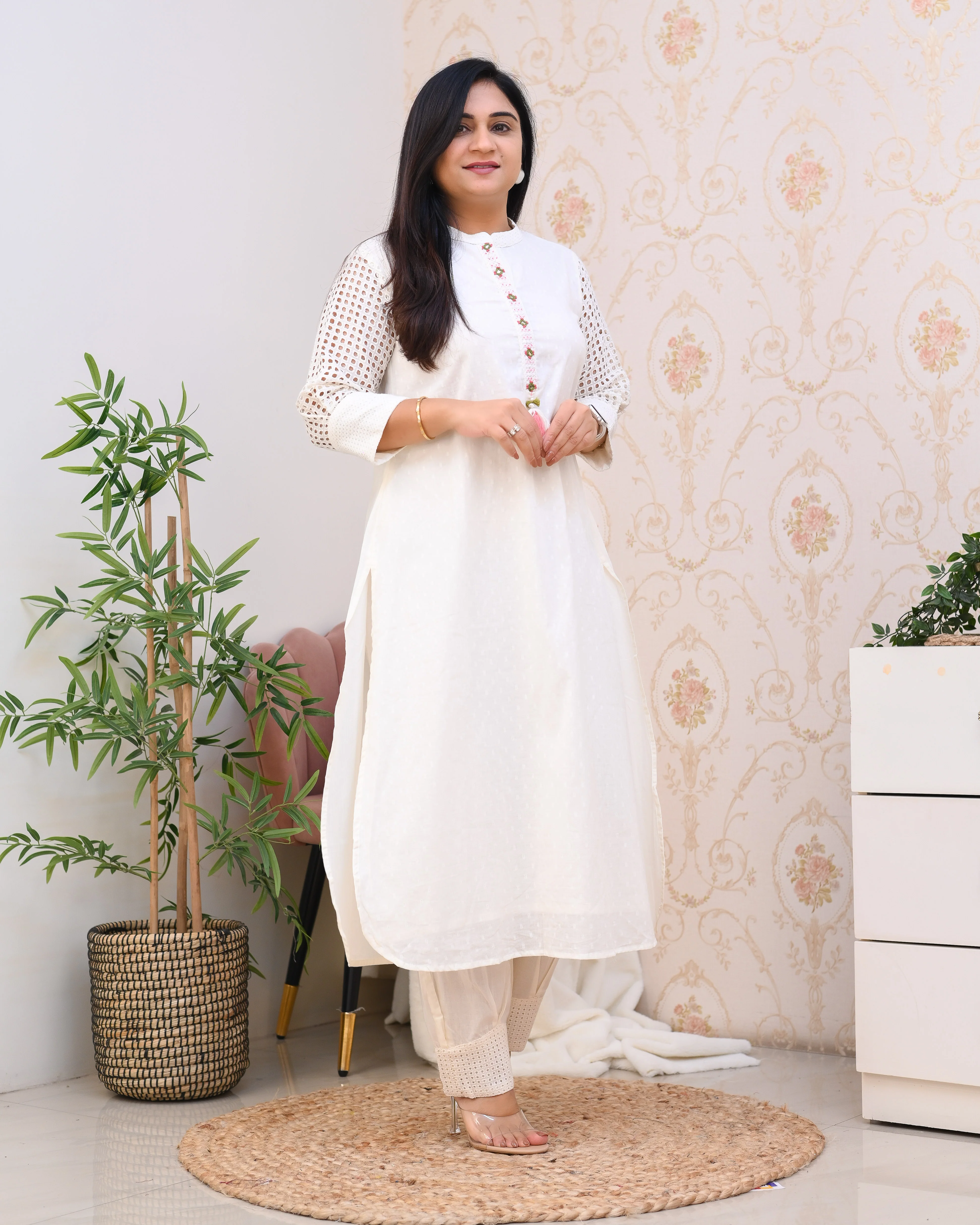 Cotton Straight HandEmbroidered Sciffili Pant Set - Image 3