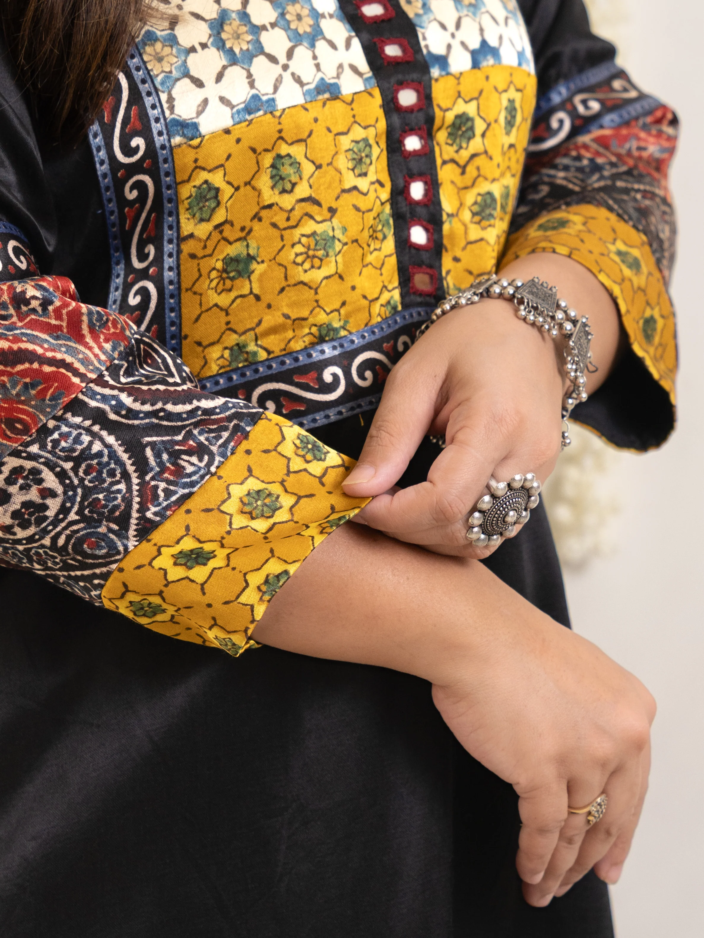 Daniya Black Mashru Silk Ajrakh Embroidered Kurta - Image 12