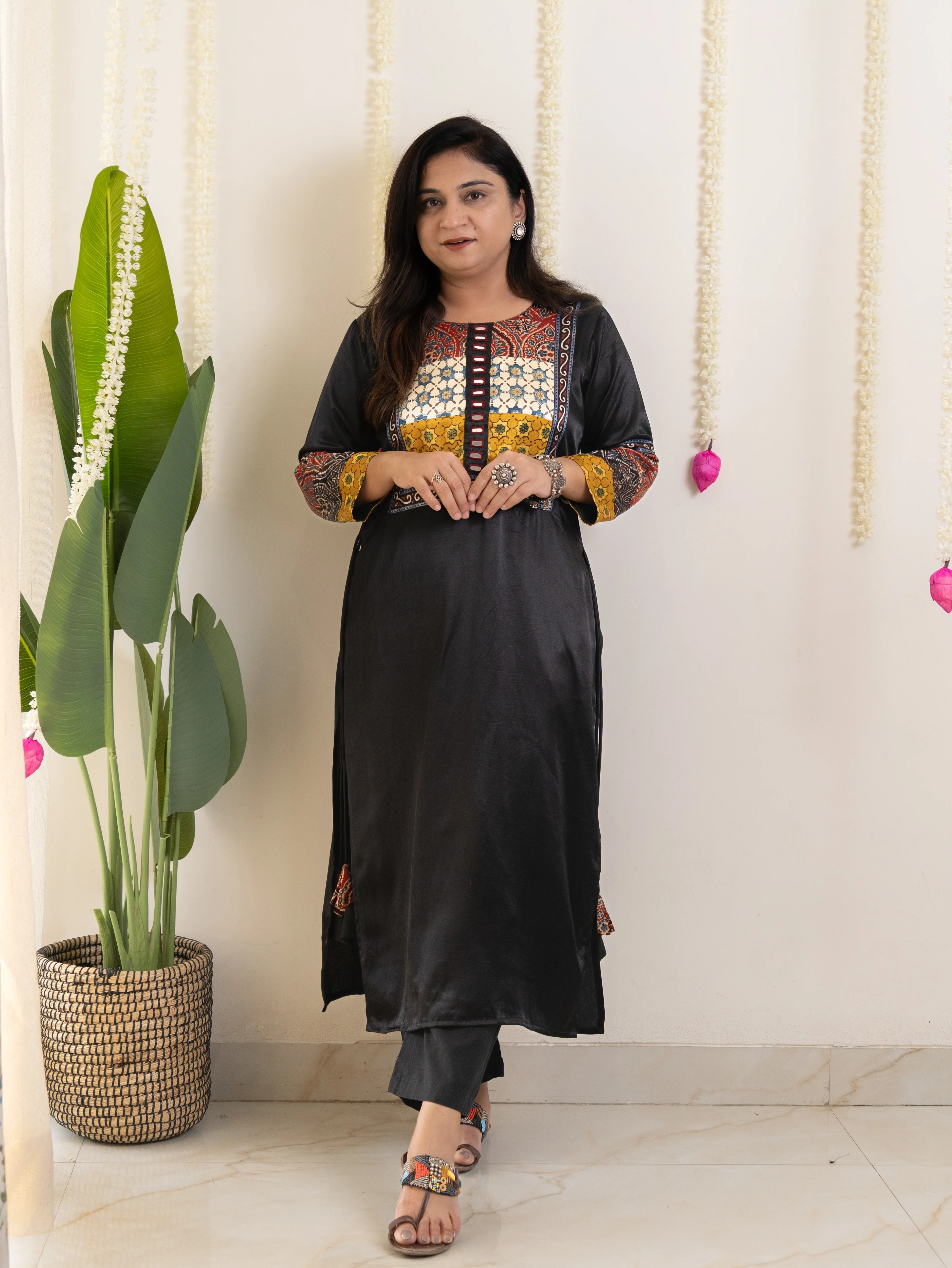 Daniya Black Mashru Silk Ajrakh Embroidered Kurta - Image 3