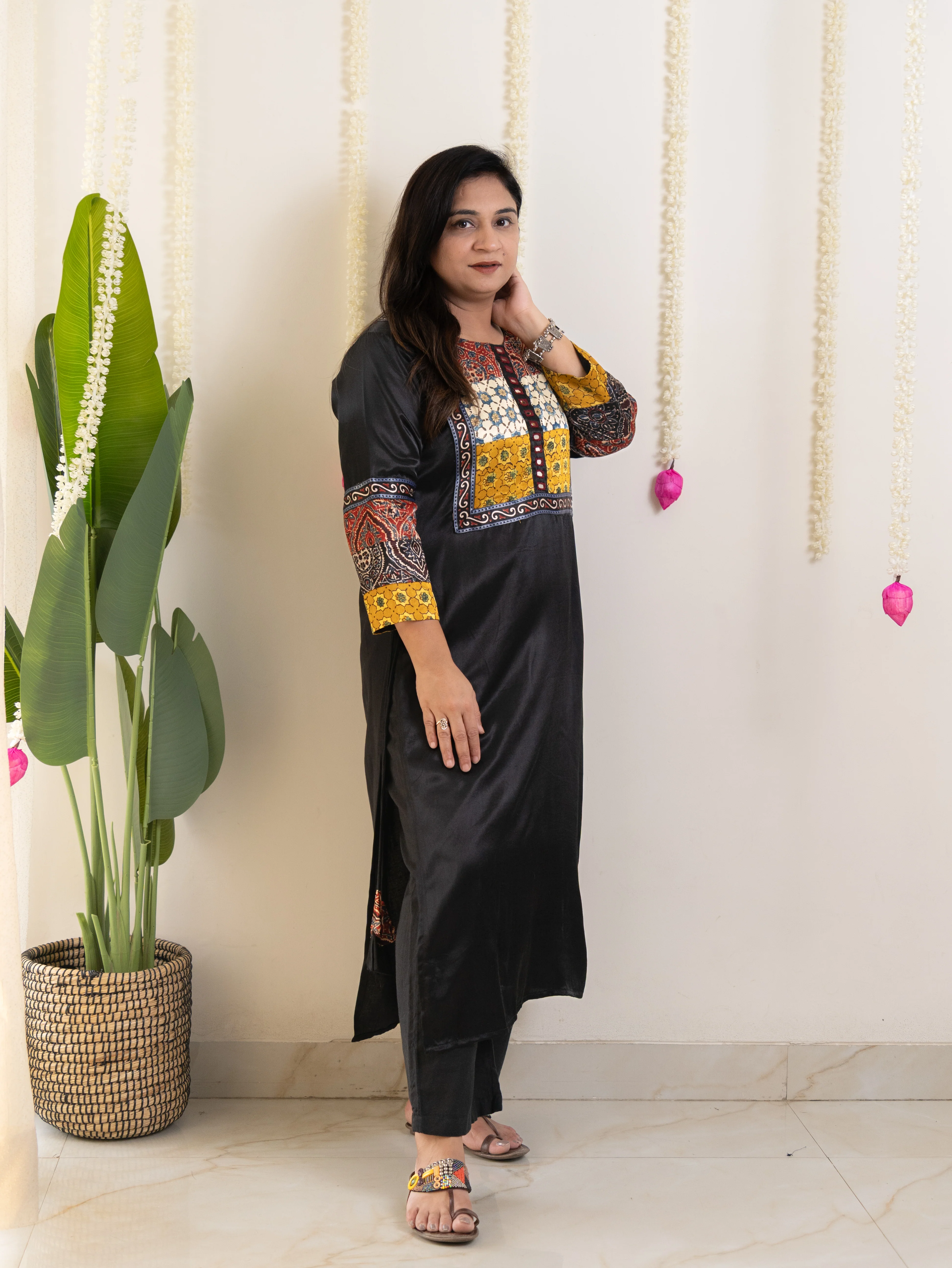 Daniya Black Mashru Silk Ajrakh Embroidered Kurta - Image 4
