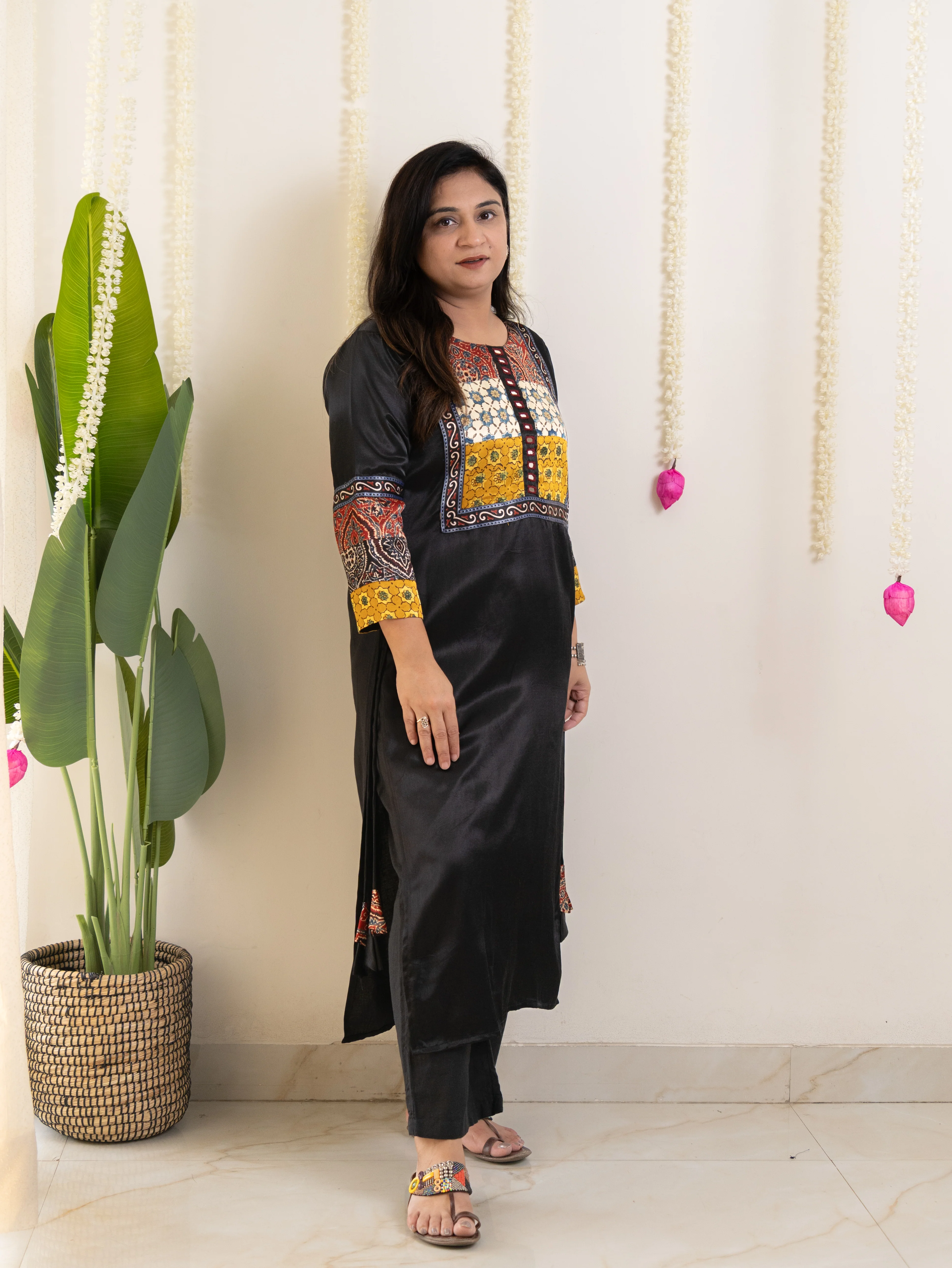 Daniya Black Mashru Silk Ajrakh Embroidered Kurta - Image 5