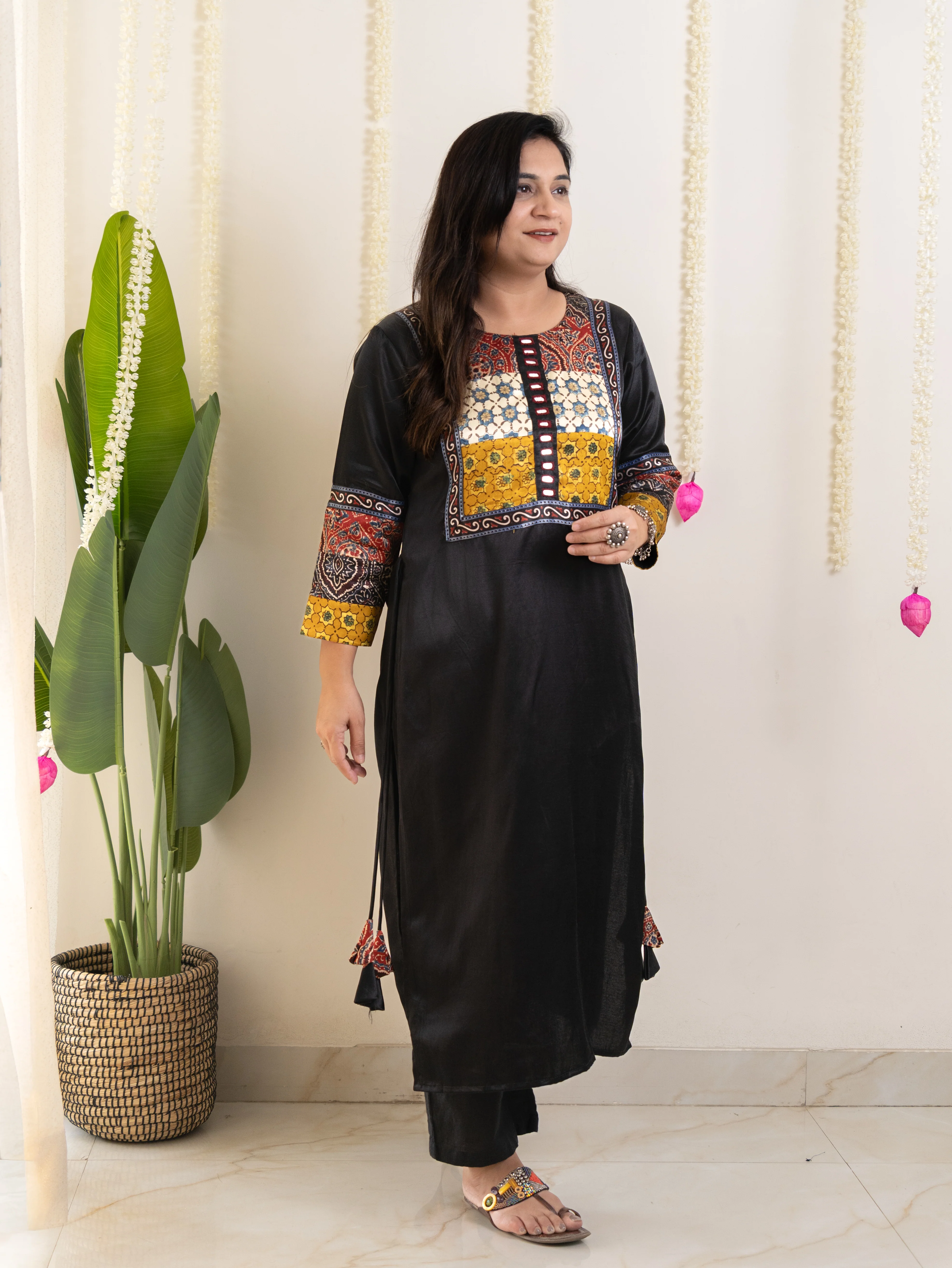 Daniya Black Mashru Silk Ajrakh Embroidered Kurta - Image 6
